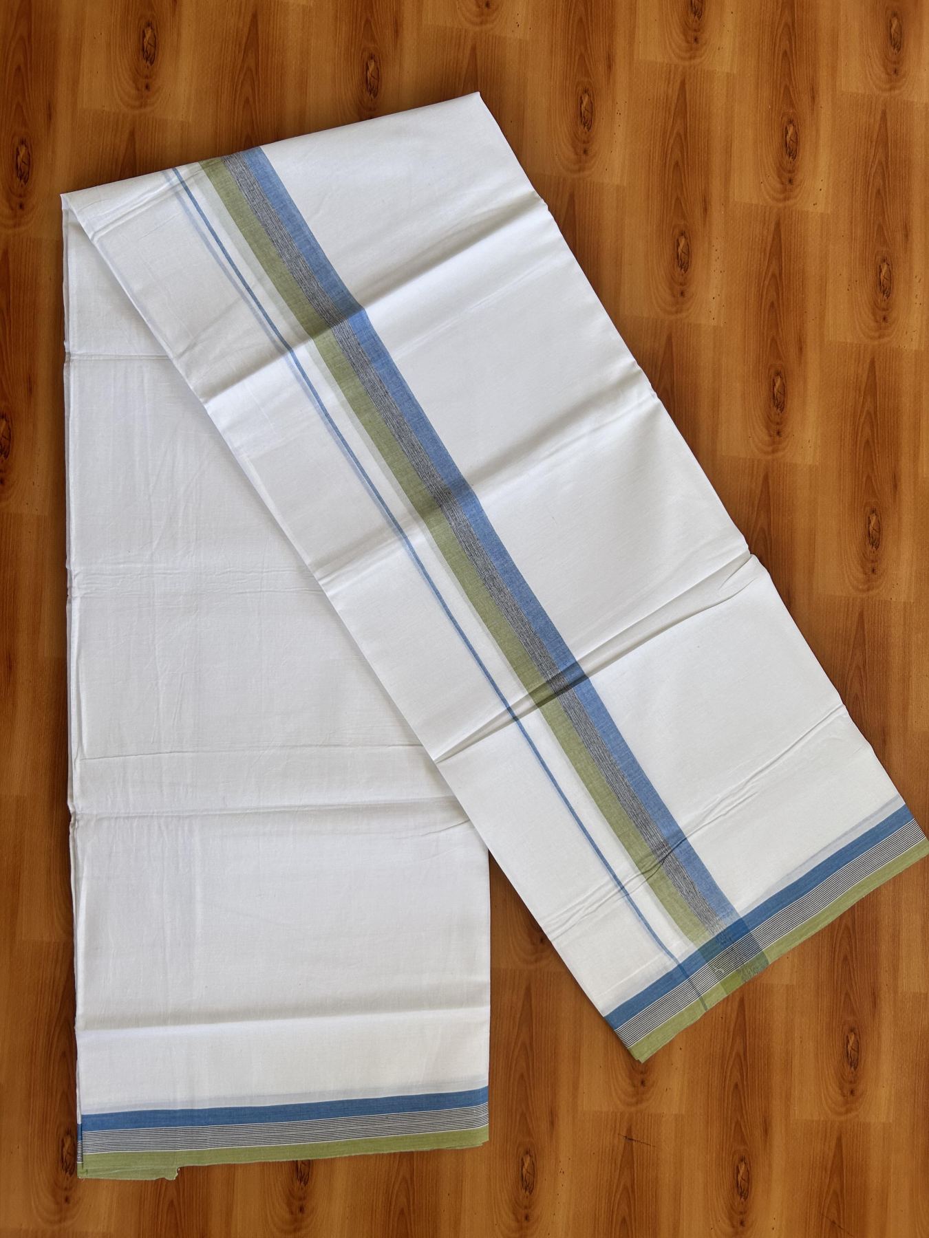 Double Pure White Mundu/Dhoti- 20% Discount ! Kaitharikada Balaramapuram 100% Pure Cotton - 100x80 - 1.5 inch Light Green, Black & Blue Shaded Kara 3.90 mtr (8 muzham) - 25 KK5444 VIN
