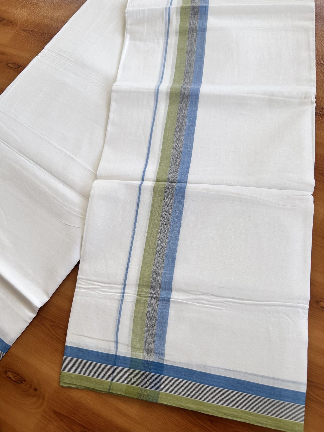 Double Pure White Mundu/Dhoti- 20% Discount ! Kaitharikada Balaramapuram 100% Pure Cotton - 100x80 - 1.5 inch Light Green, Black & Blue Shaded Kara 3.90 mtr (8 muzham) - 25 KK5444 VIN