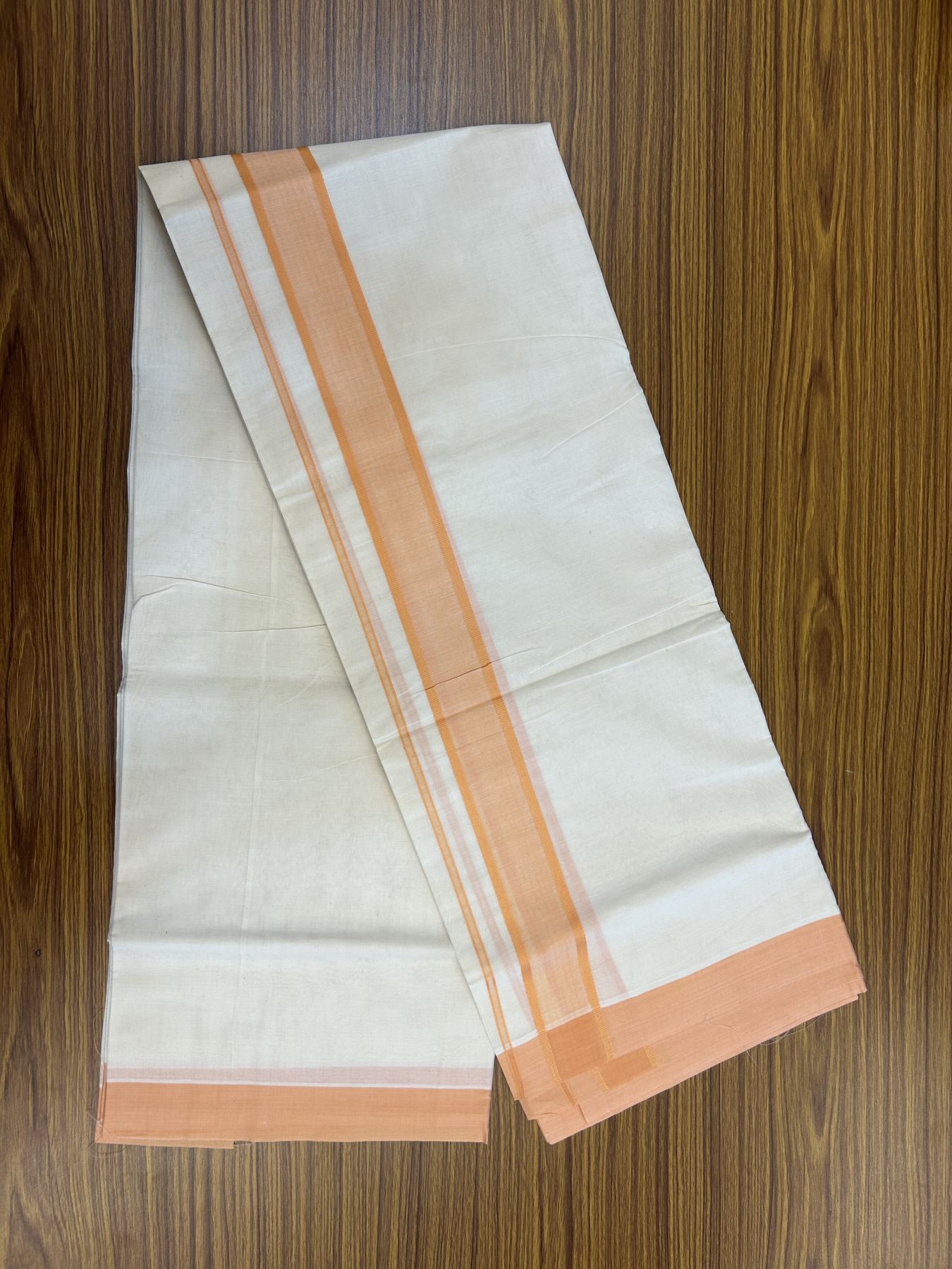 20% Discount! KaithariKada Balaramapuram 100% Cotton Double Off White Mundu/Dhoti- 100x80 - 1.75 inch Coral Orange shaded Kara 4 mtr (8.5 muzham) - 195 KK5361 PMC