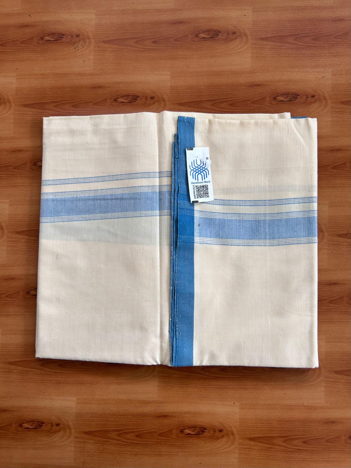 Kerala Handloom - Signature Kaitharikada - 100% Pure Cotton 2/80sx2/80s Thread - Light Yellow Single Mundu / Dhoti - 1.25 inch Peacock Blue Shaded Striped Kara - (2 meter / 4 muzham) - 17 KK8080 KAL