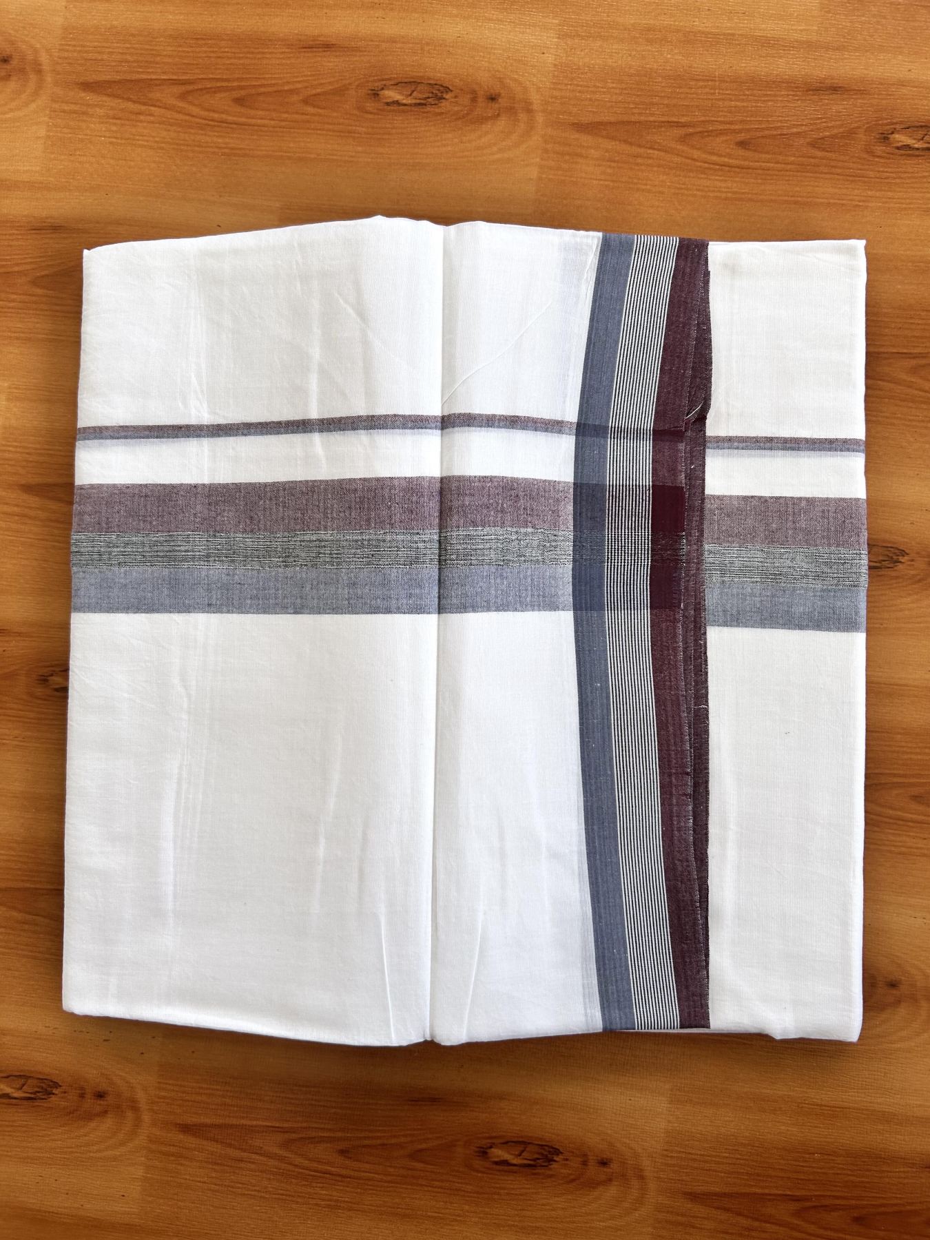 Double Pure White Mundu/Dhoti - 20% Discount ! Kaitharikada Balaramapuram 100% Pure Cotton - 100x80 - 1.75 inch Wine, Black & Ash Blue Shaded Kara 3.90 mtr (8 muzham) - 22 KK544 VIN