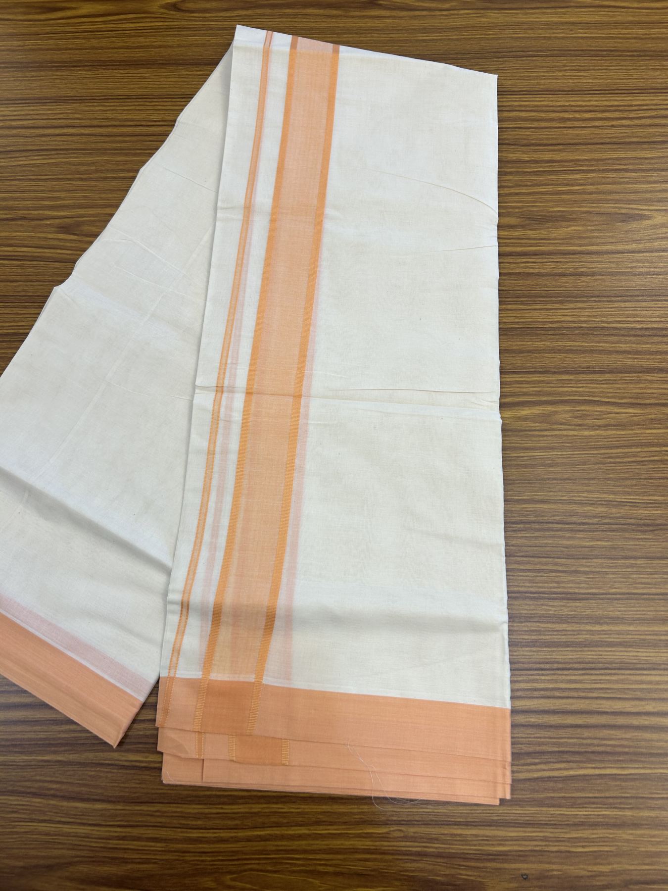 20% Discount! KaithariKada Balaramapuram 100% Cotton Double Off White Mundu/Dhoti- 100x80 - 1.75 inch Coral Orange shaded Kara 4 mtr (8.5 muzham) - 195 KK5361 PMC