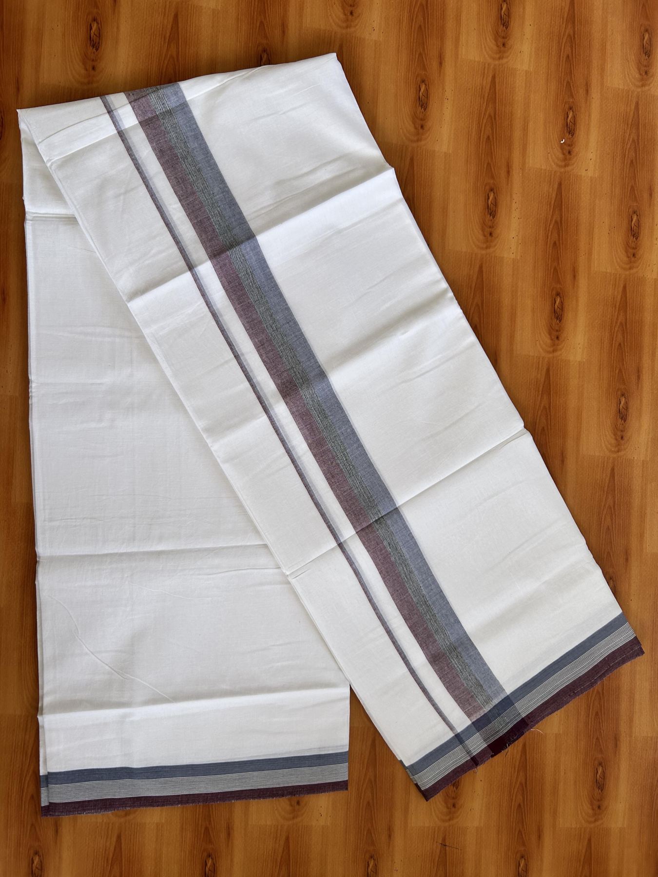 Double Pure White Mundu/Dhoti - 20% Discount ! Kaitharikada Balaramapuram 100% Pure Cotton - 100x80 - 1.75 inch Wine, Black & Ash Blue Shaded Kara 3.90 mtr (8 muzham) - 22 KK544 VIN