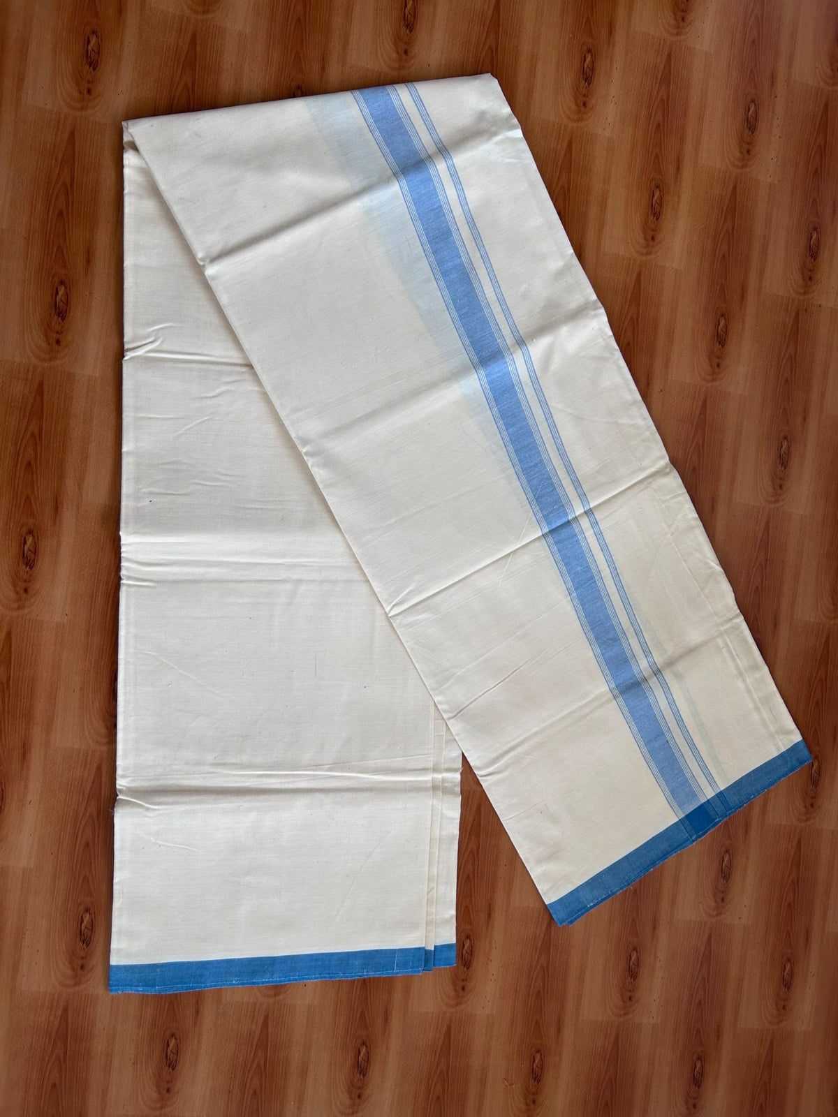 Kerala Handloom - Signature Kaitharikada - 100% Pure Cotton 2/80sx2/80s Thread - Light Yellow Single Mundu / Dhoti - 1.25 inch Peacock Blue Shaded Striped Kara - (2 meter / 4 muzham) - 17 KK8080 KAL