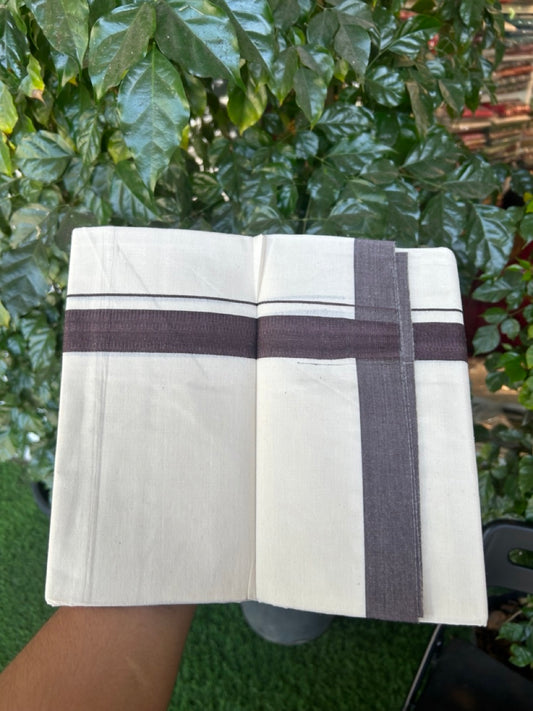 Single Off white - Kaitharikada 100% Cotton 40s Thread Mundu / Dothi - 1 inch Chocolate Brown Kara (2 meters / 4 mulam) - 33 KK5298 SKM