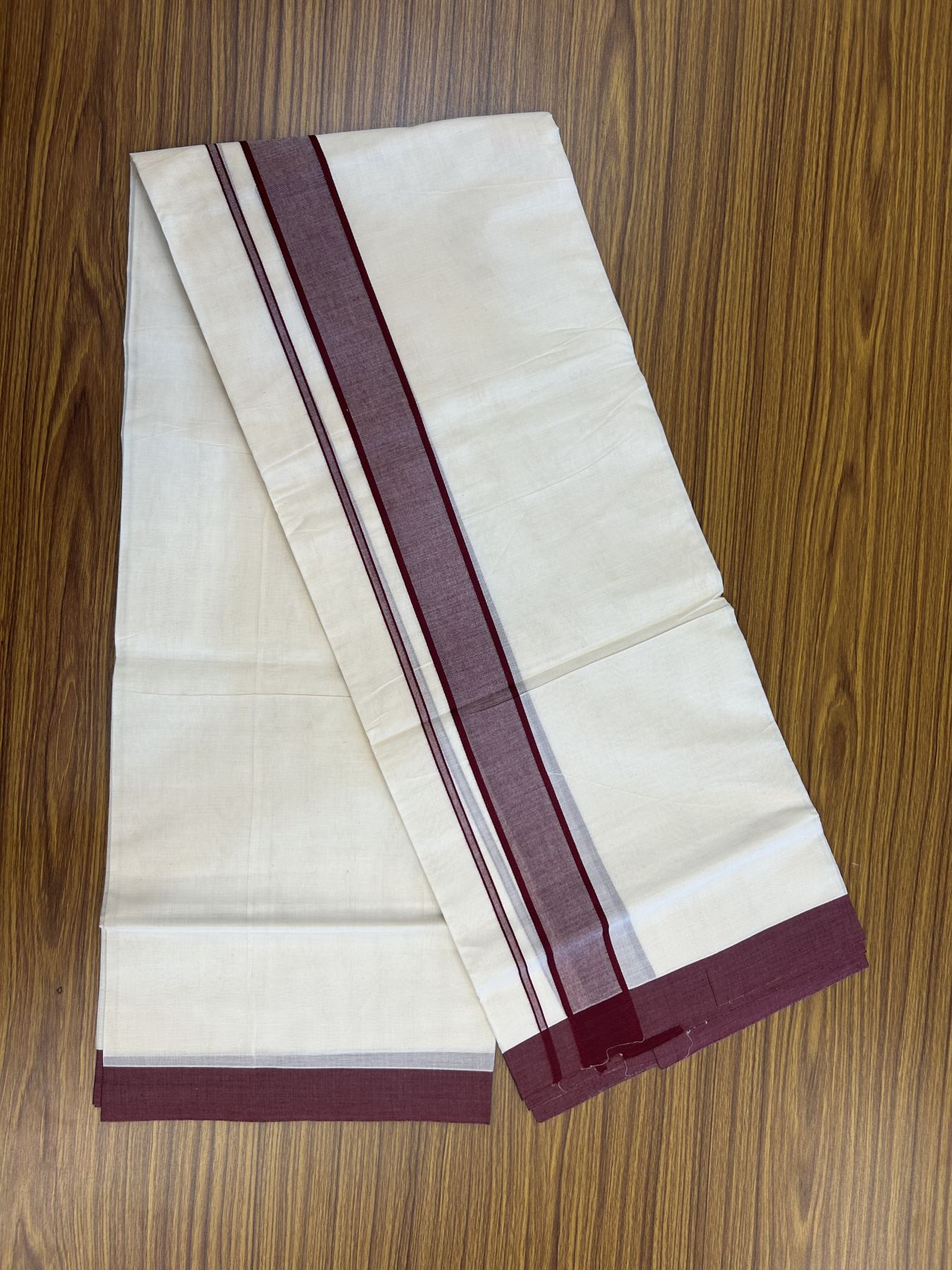 20% Discount! KaithariKada Balaramapuram 100% Cotton Double Off White Mundu/Dhoti- 100x80 - 1.75 inch Maroon pink shaded Kara 4 mtr (8.5 muzham) - 194 KK5361 PMC