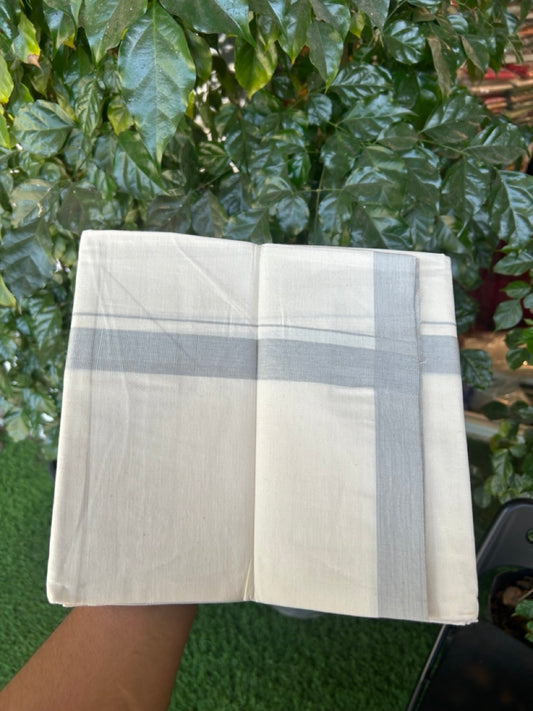 Single Off white - Kaitharikada 100% Cotton 40s Thread Mundu / Dothi - 1 inch Light Grey Kara (2 meters / 4 mulam) - 28 KK5298 SKM