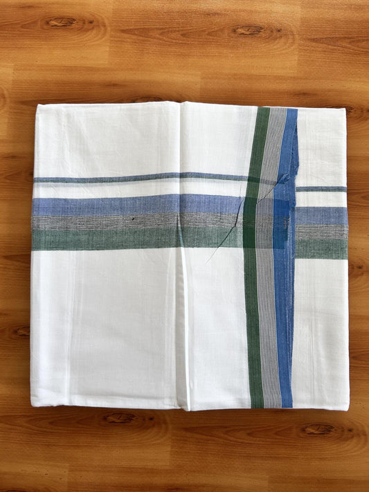 Double Pure White Mundu/Dhoti- 20% Discount ! Kaitharikada Balaramapuram 100% Pure Cotton - 100x80 - 1.5 inch Blue, Black & Green Shaded Kara 3.90 mtr (8 muzham) - 26 KK5444 VIN