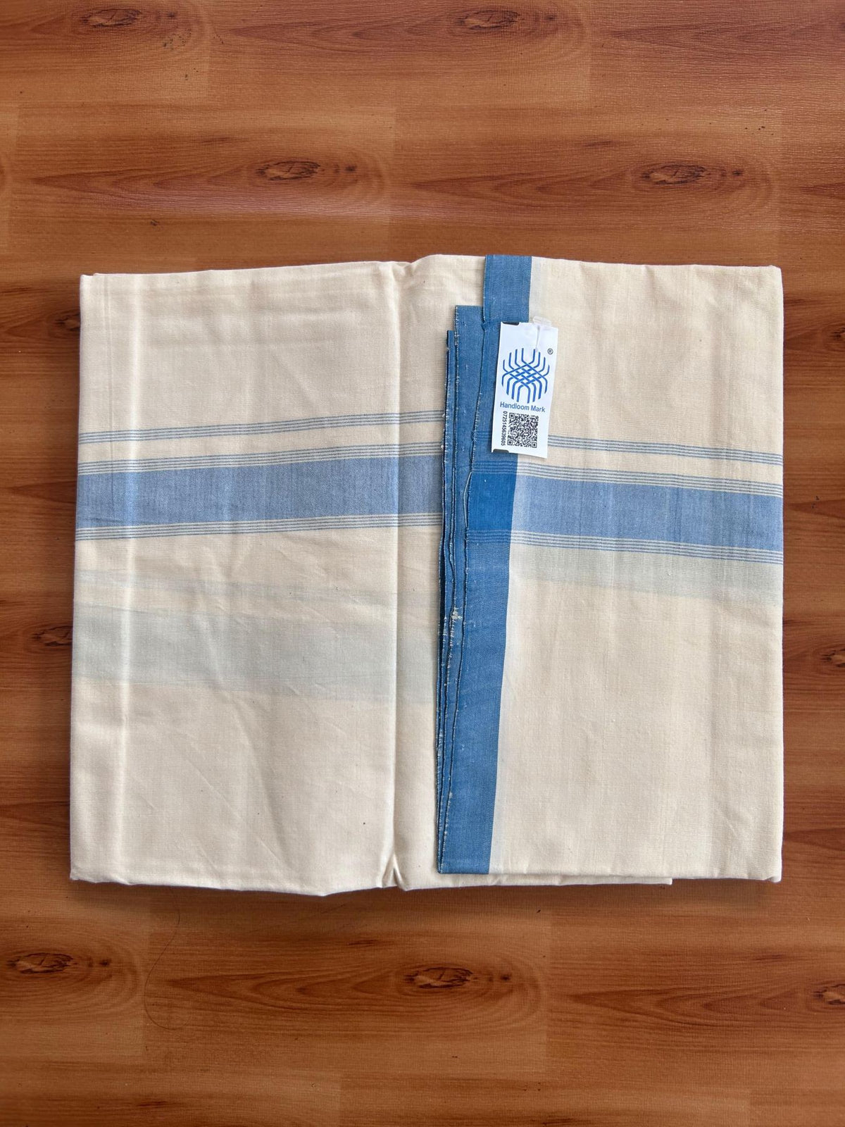 Kerala Handloom - Signature Kaitharikada - 100% Pure Cotton 2/80sx2/80s Thread - Light Yellow Single Mundu / Dhoti - 1.25 inch Peacock Blue Shaded Striped Kara - (2 meter / 4 muzham) - 18 KK8080 KAL