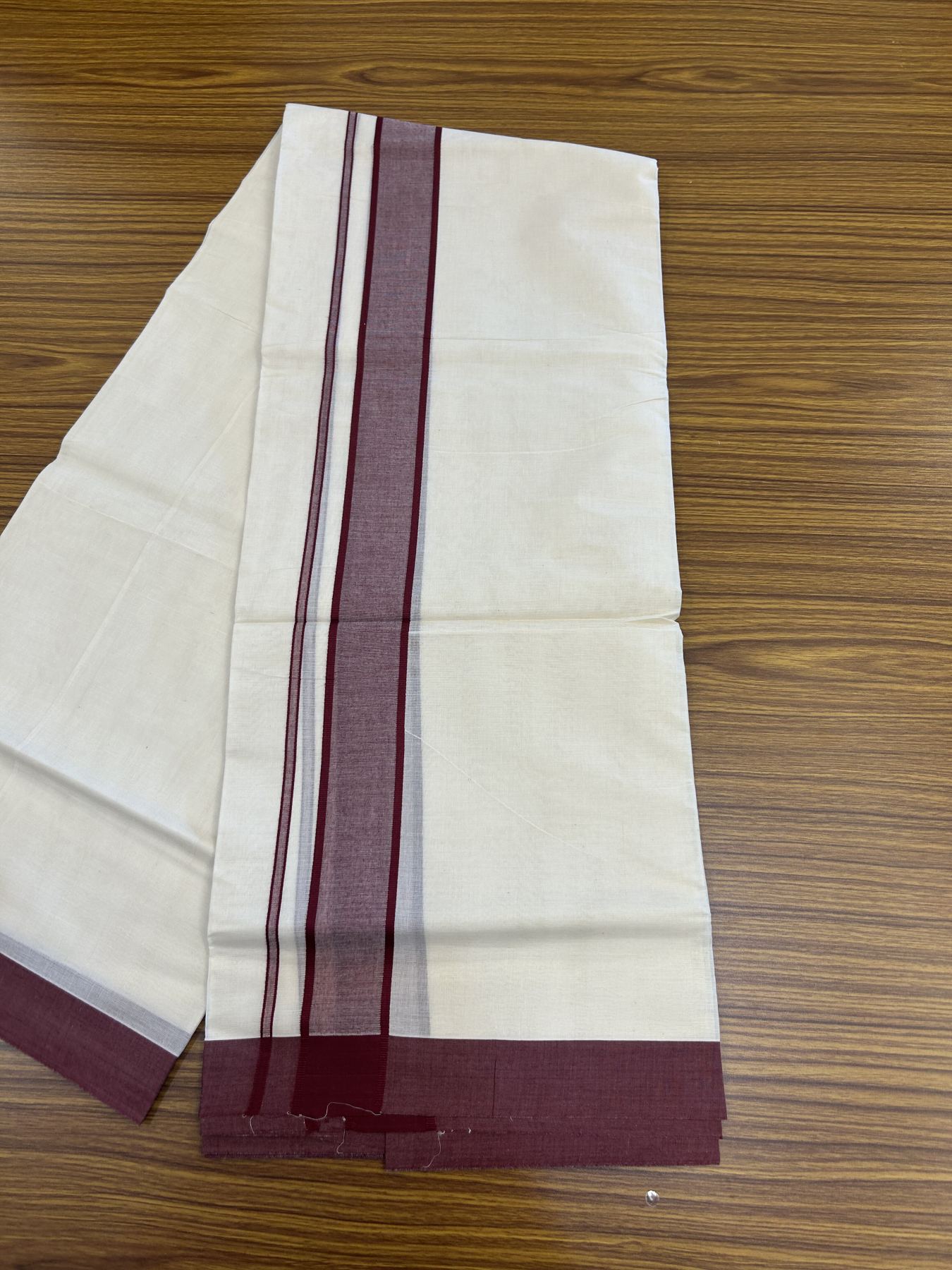 20% Discount! KaithariKada Balaramapuram 100% Cotton Double Off White Mundu/Dhoti- 100x80 - 1.75 inch Maroon pink shaded Kara 4 mtr (8.5 muzham) - 194 KK5361 PMC