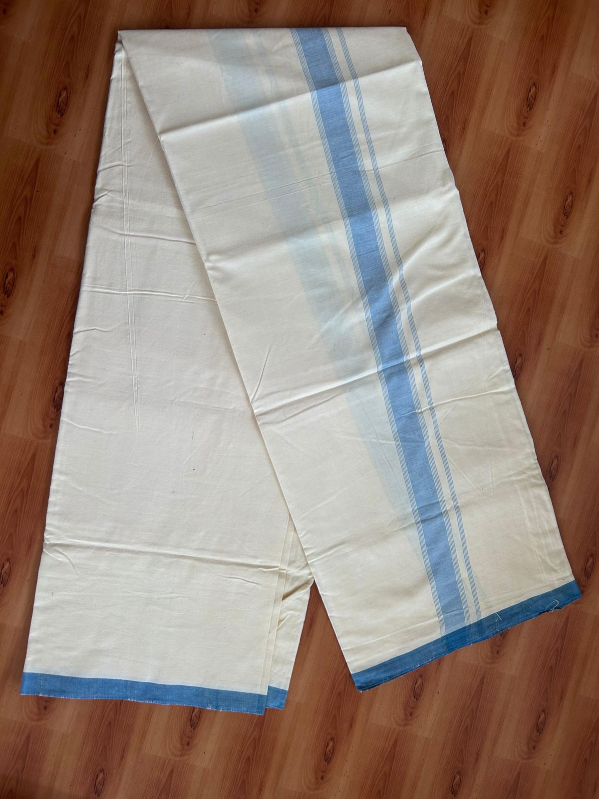 Kerala Handloom - Signature Kaitharikada - 100% Pure Cotton 2/80sx2/80s Thread - Light Yellow Single Mundu / Dhoti - 1.25 inch Peacock Blue Shaded Striped Kara - (2 meter / 4 muzham) - 18 KK8080 KAL