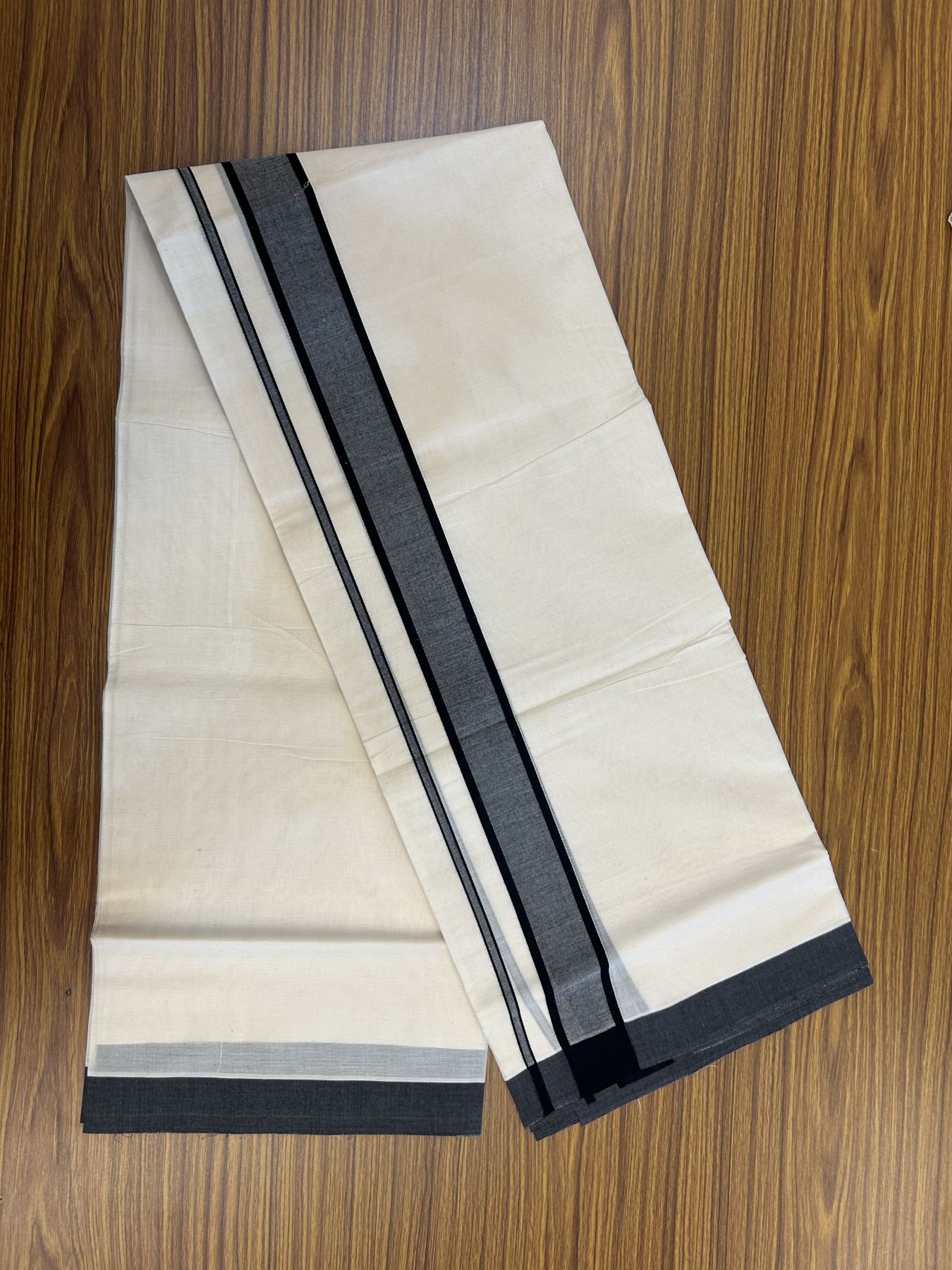 20% Discount! KaithariKada Balaramapuram 100% Cotton Double Off White Mundu/Dhoti- 100x80 - 2 inch Black shaded Kara 4 mtr (8.5 muzham) - 197 KK5361 PMC