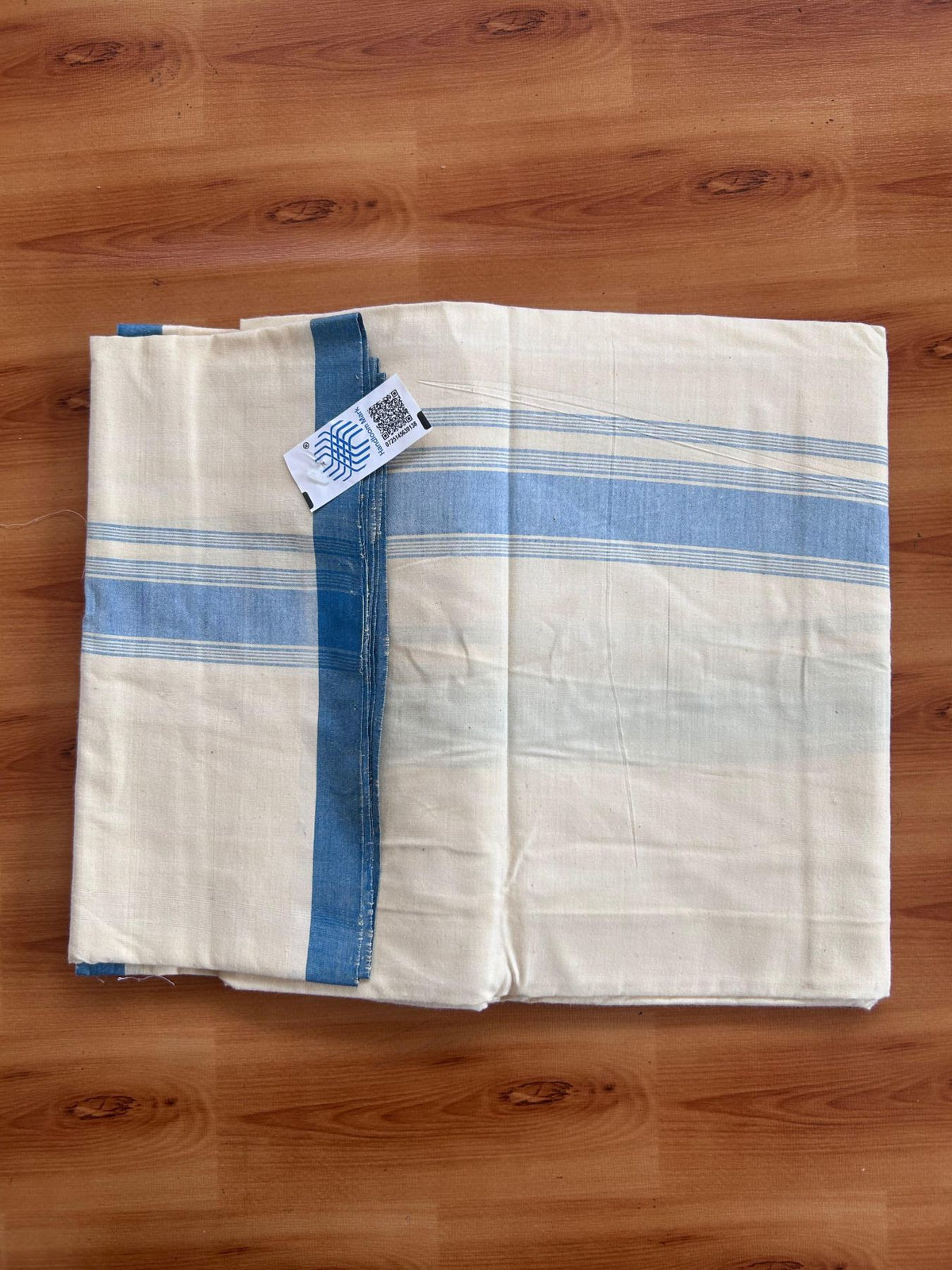 Kerala Handloom - Signature Kaitharikada - 100% Pure Cotton 2/80sx2/80s Thread - Light Yellow Single Mundu / Dhoti - 1.25 inch Peacock Blue Shaded Striped Kara - (2 meter / 4 muzham) - 19 KK8080 KAL
