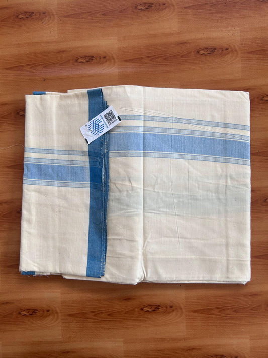 Kerala Handloom - Signature Kaitharikada - 100% Pure Cotton 2/80sx2/80s Thread - Light Yellow Single Mundu / Dhoti - 1.25 inch Peacock Blue Shaded Striped Kara - (2 meter / 4 muzham) - 19 KK8080 KAL