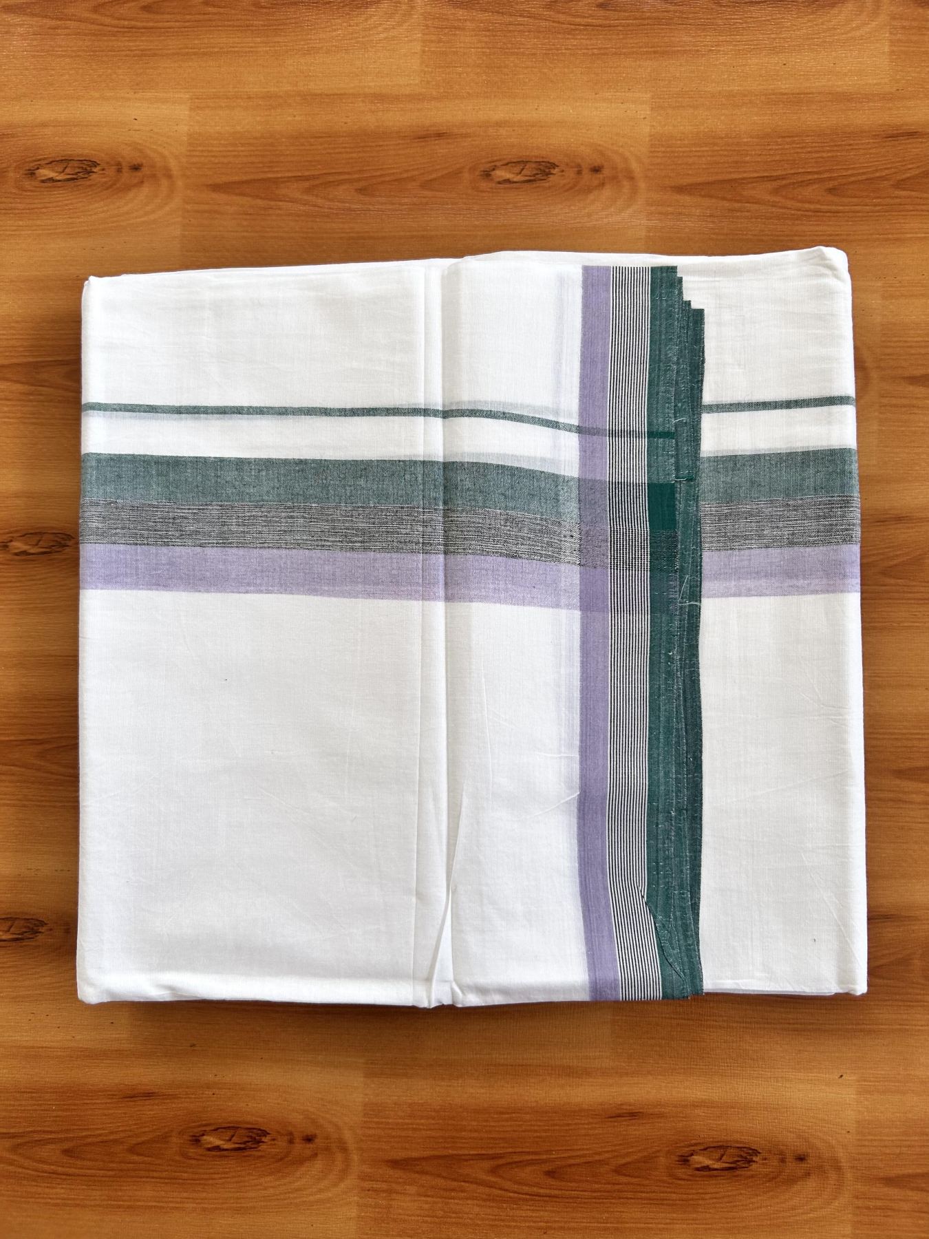 Double Pure White Mundu/Dhoti - 20% Discount ! Kaitharikada Balaramapuram 100% Pure Cotton - 100x80 - 1.75 inch Lavender, Black & Green Shaded Kara 3.90 mtr (8 muzham) - 24 KK5444 VIN
