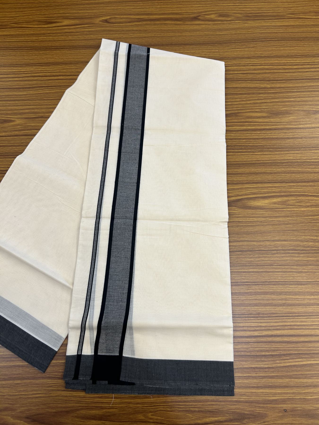 20% Discount! KaithariKada Balaramapuram 100% Cotton Double Off White Mundu/Dhoti- 100x80 - 2 inch Black shaded Kara 4 mtr (8.5 muzham) - 197 KK5361 PMC