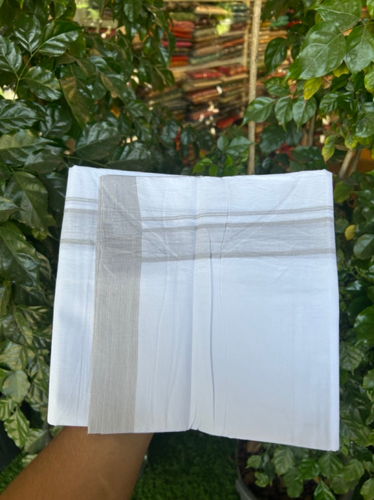 Single Pure white - Kaitharikada 100% Cotton 40s Thread Mundu / Dothi - 1.25 inch Light Grey Shaded Kara (2 meters / 4 mulam) - 18 KK5298 SKM