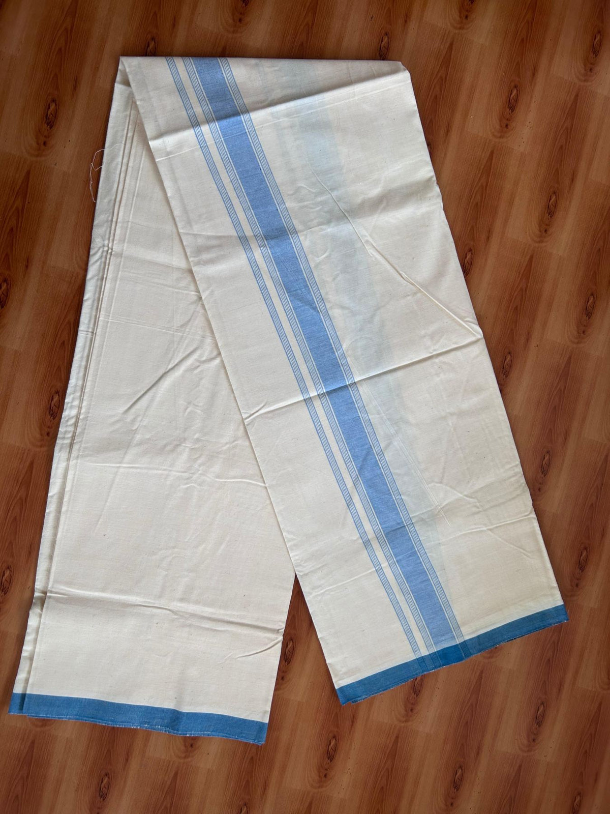 Kerala Handloom - Signature Kaitharikada - 100% Pure Cotton 2/80sx2/80s Thread - Light Yellow Single Mundu / Dhoti - 1.25 inch Peacock Blue Shaded Striped Kara - (2 meter / 4 muzham) - 19 KK8080 KAL