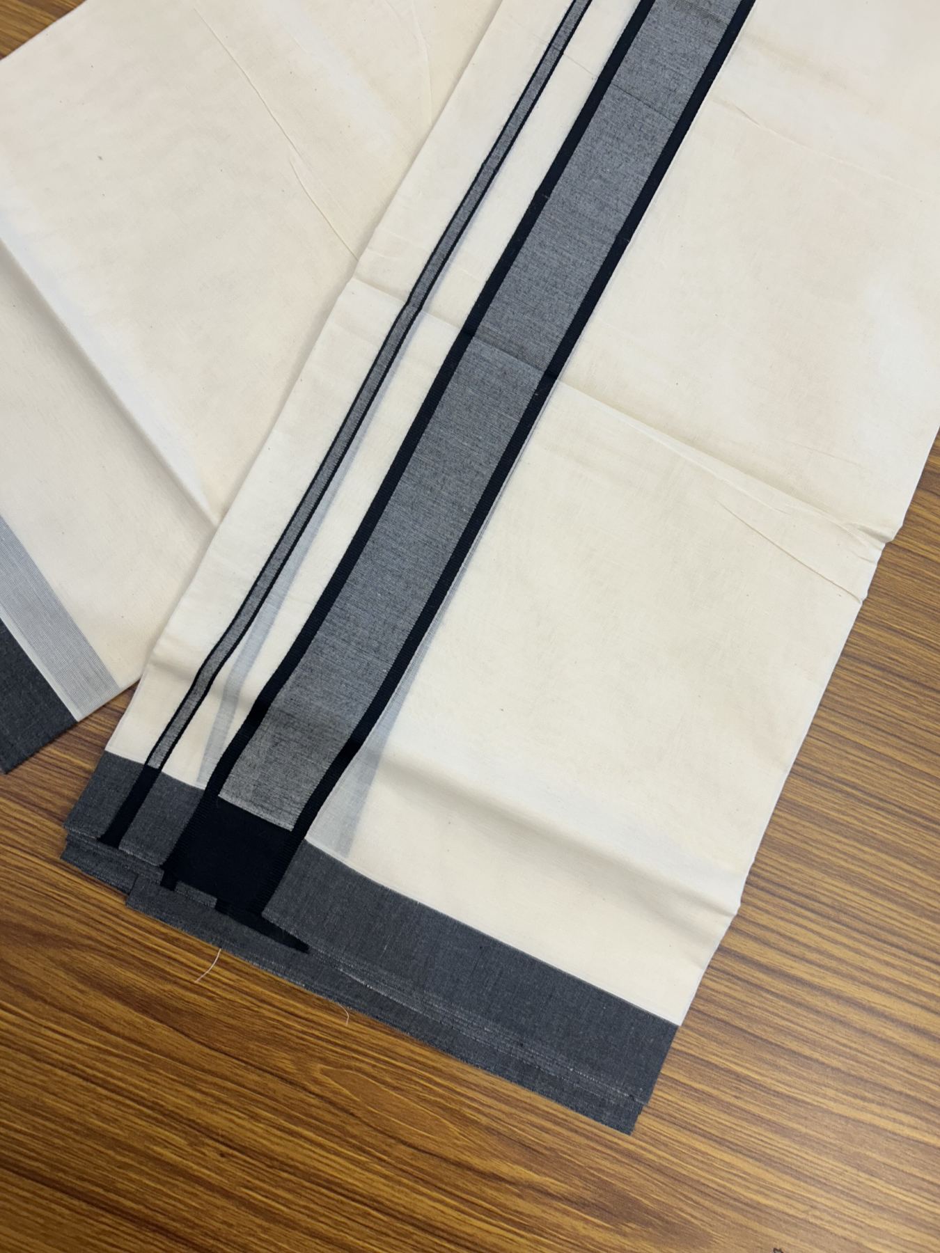 20% Discount! KaithariKada Balaramapuram 100% Cotton Double Off White Mundu/Dhoti- 100x80 - 2 inch Black shaded Kara 4 mtr (8.5 muzham) - 197 KK5361 PMC