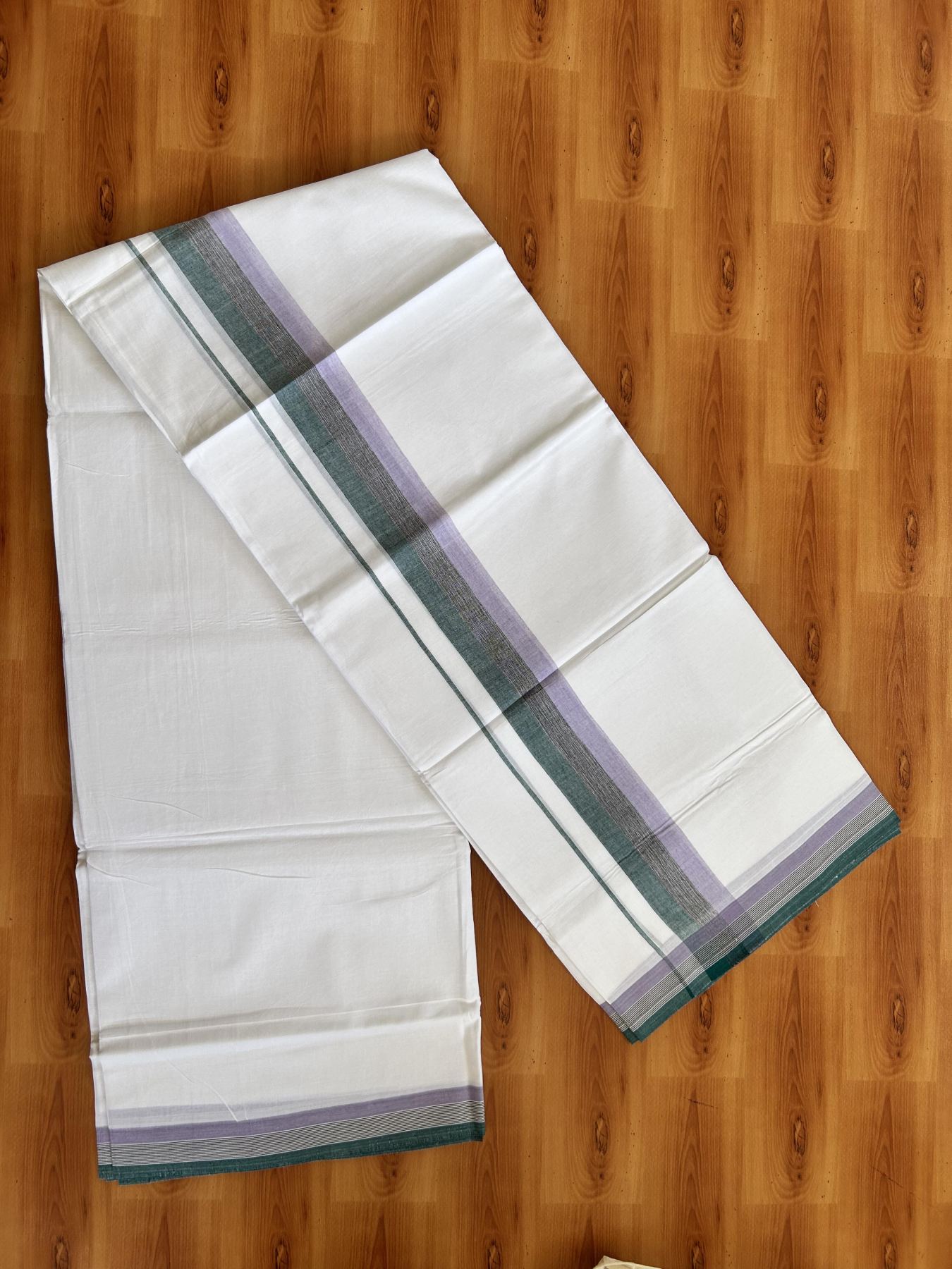 Double Pure White Mundu/Dhoti - 20% Discount ! Kaitharikada Balaramapuram 100% Pure Cotton - 100x80 - 1.75 inch Lavender, Black & Green Shaded Kara 3.90 mtr (8 muzham) - 24 KK5444 VIN