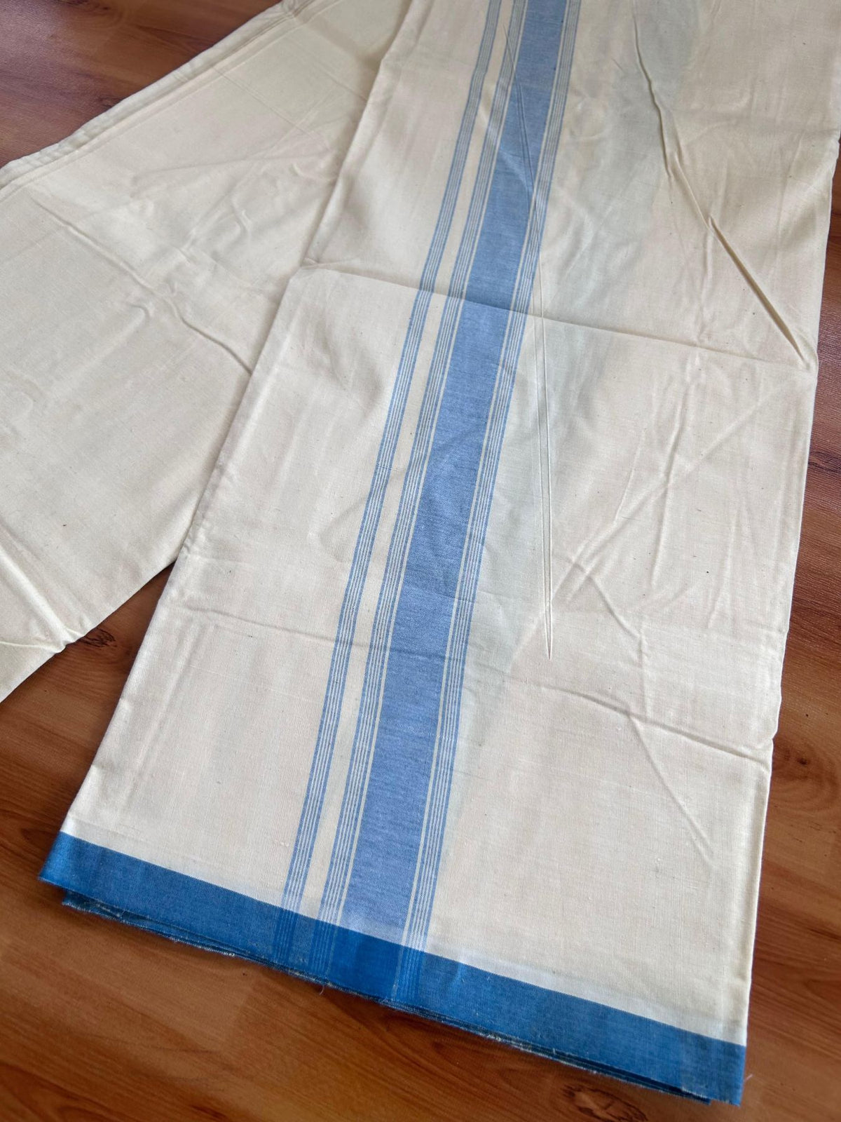 Kerala Handloom - Signature Kaitharikada - 100% Pure Cotton 2/80sx2/80s Thread - Light Yellow Single Mundu / Dhoti - 1.25 inch Peacock Blue Shaded Striped Kara - (2 meter / 4 muzham) - 19 KK8080 KAL
