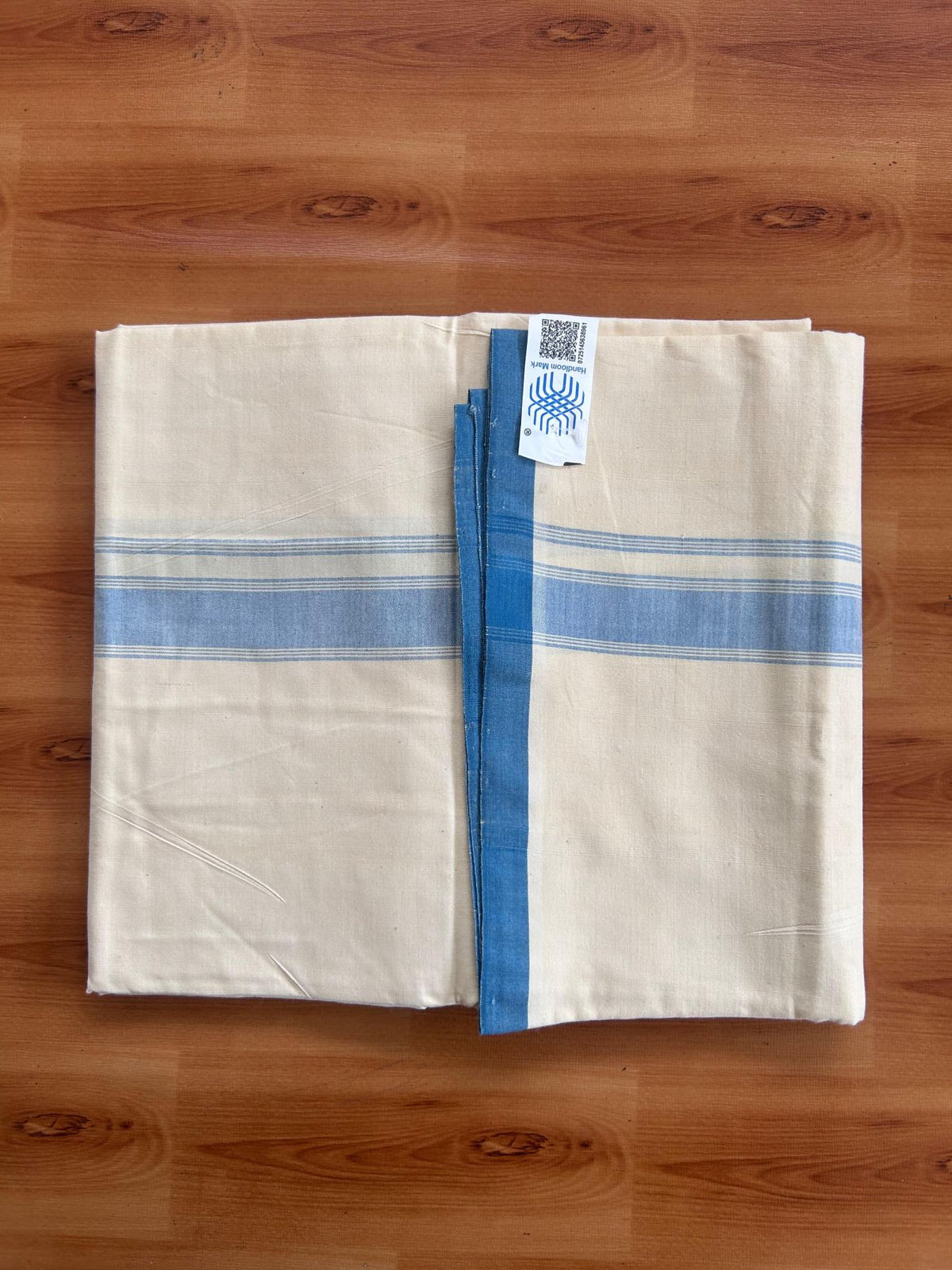 Kerala Handloom - Signature Kaitharikada - 100% Pure Cotton 2/80sx2/80s Thread - Light Yellow Single Mundu / Dhoti - 1.25 inch Peacock Blue Shaded Striped Kara - (2 meter / 4 muzham) - 20 KK8080 KAL