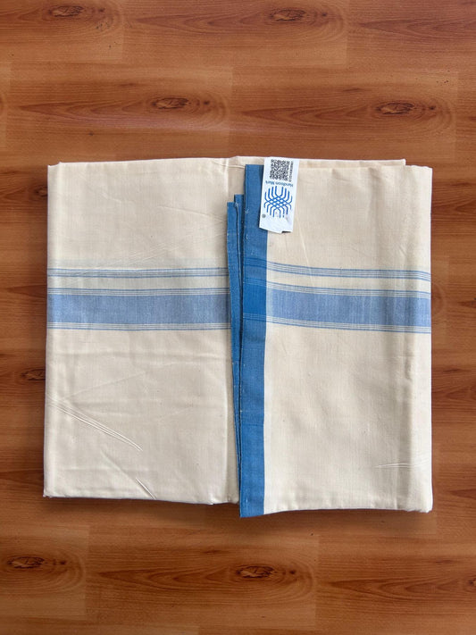 Kerala Handloom - Signature Kaitharikada - 100% Pure Cotton 2/80sx2/80s Thread - Light Yellow Single Mundu / Dhoti - 1.25 inch Peacock Blue Shaded Striped Kara - (2 meter / 4 muzham) - 20 KK8080 KAL