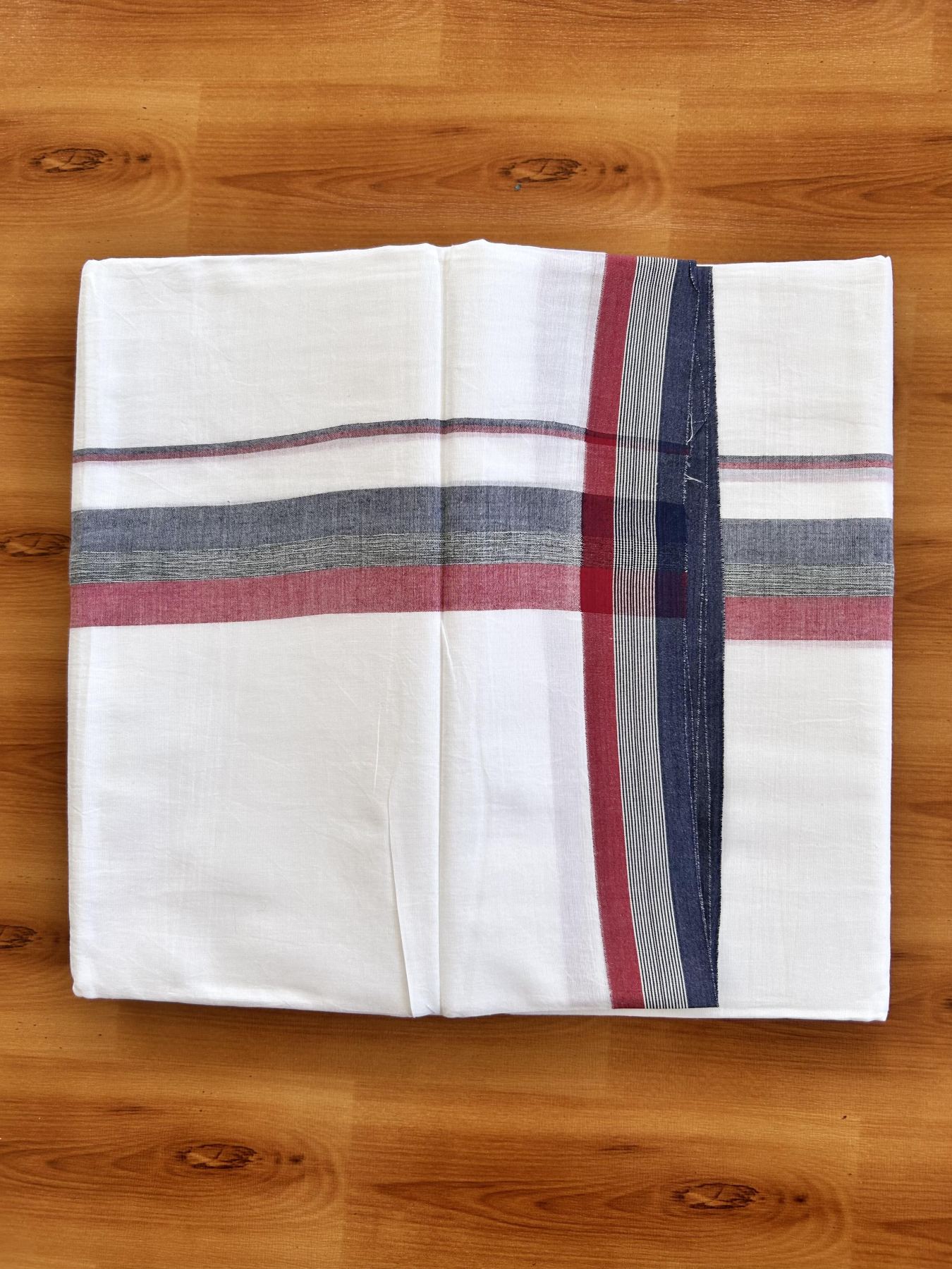 Double Pure White Mundu/Dhoti - 20% Discount ! Kaitharikada Balaramapuram 100% Pure Cotton - 100x80 - 1.5 inch Navy Blue, Black & Maroon Shaded Kara 3.90 mtr (8 muzham) - 23 KK5444 VIN