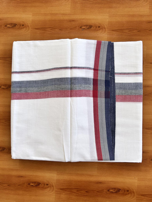 Double Pure White Mundu/Dhoti - 20% Discount ! Kaitharikada Balaramapuram 100% Pure Cotton - 100x80 - 1.5 inch Navy Blue, Black & Maroon Shaded Kara 3.90 mtr (8 muzham) - 23 KK5444 VIN