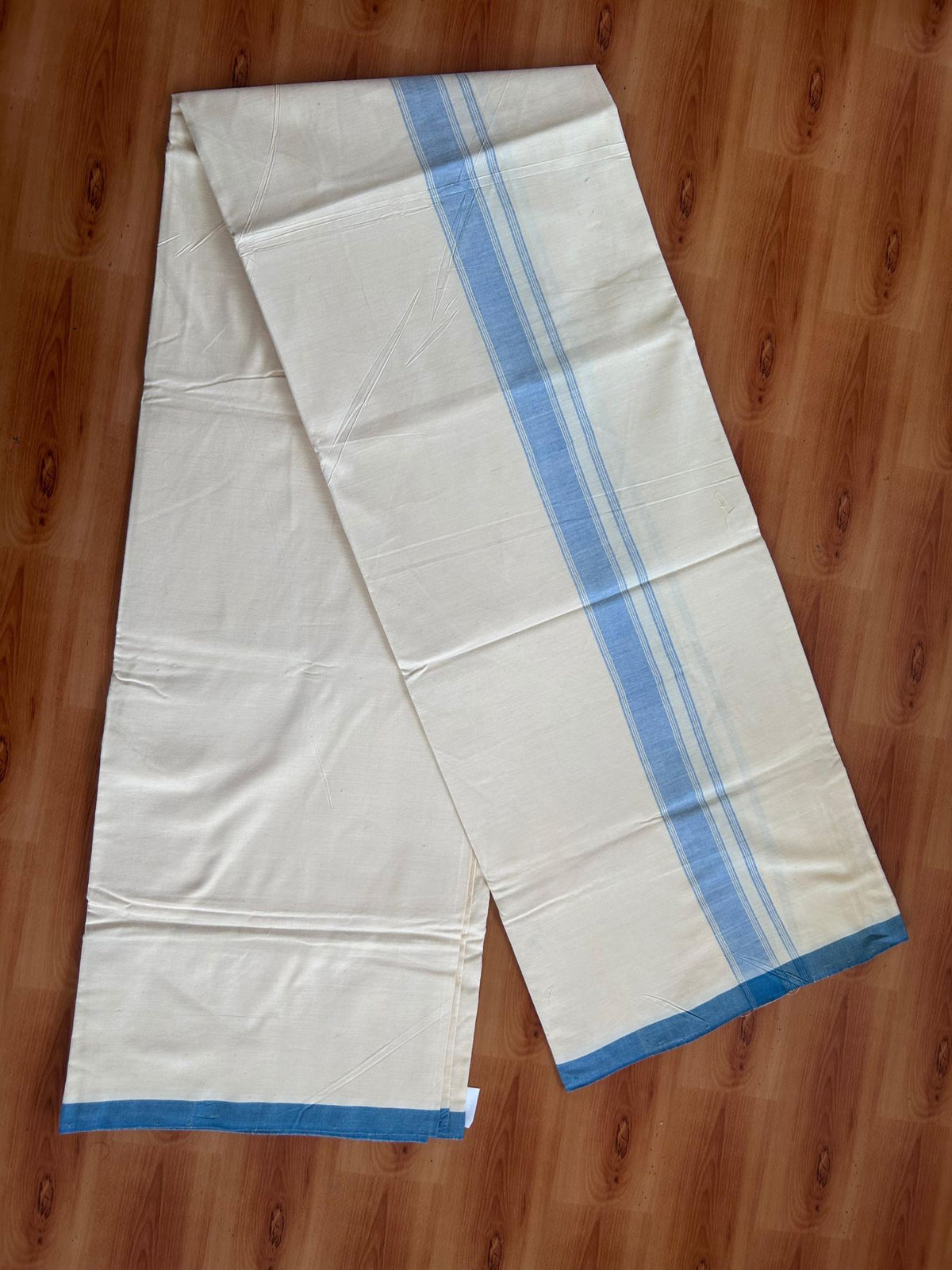 Kerala Handloom - Signature Kaitharikada - 100% Pure Cotton 2/80sx2/80s Thread - Light Yellow Single Mundu / Dhoti - 1.25 inch Peacock Blue Shaded Striped Kara - (2 meter / 4 muzham) - 20 KK8080 KAL