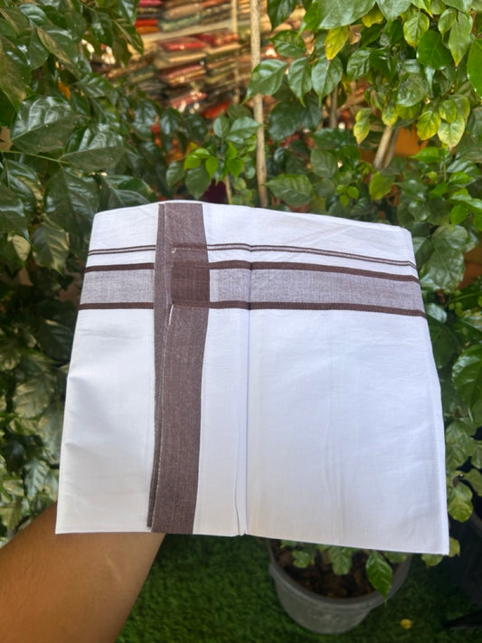 Single Pure white - Kaitharikada 100% Cotton 40s Thread Mundu / Dothi - 1.25 inch Brown Shaded Kara (2 meters / 4 mulam) - 20 KK5298 SKM