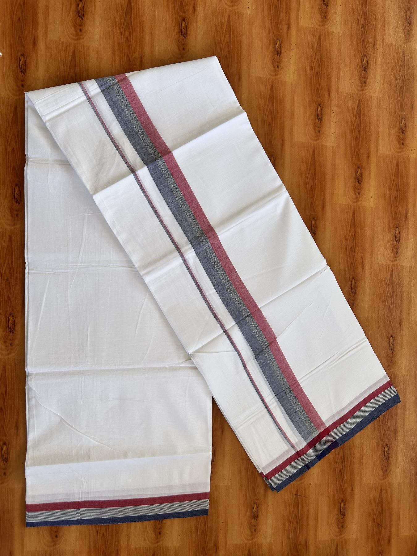 Double Pure White Mundu/Dhoti - 20% Discount ! Kaitharikada Balaramapuram 100% Pure Cotton - 100x80 - 1.5 inch Navy Blue, Black & Maroon Shaded Kara 3.90 mtr (8 muzham) - 23 KK5444 VIN