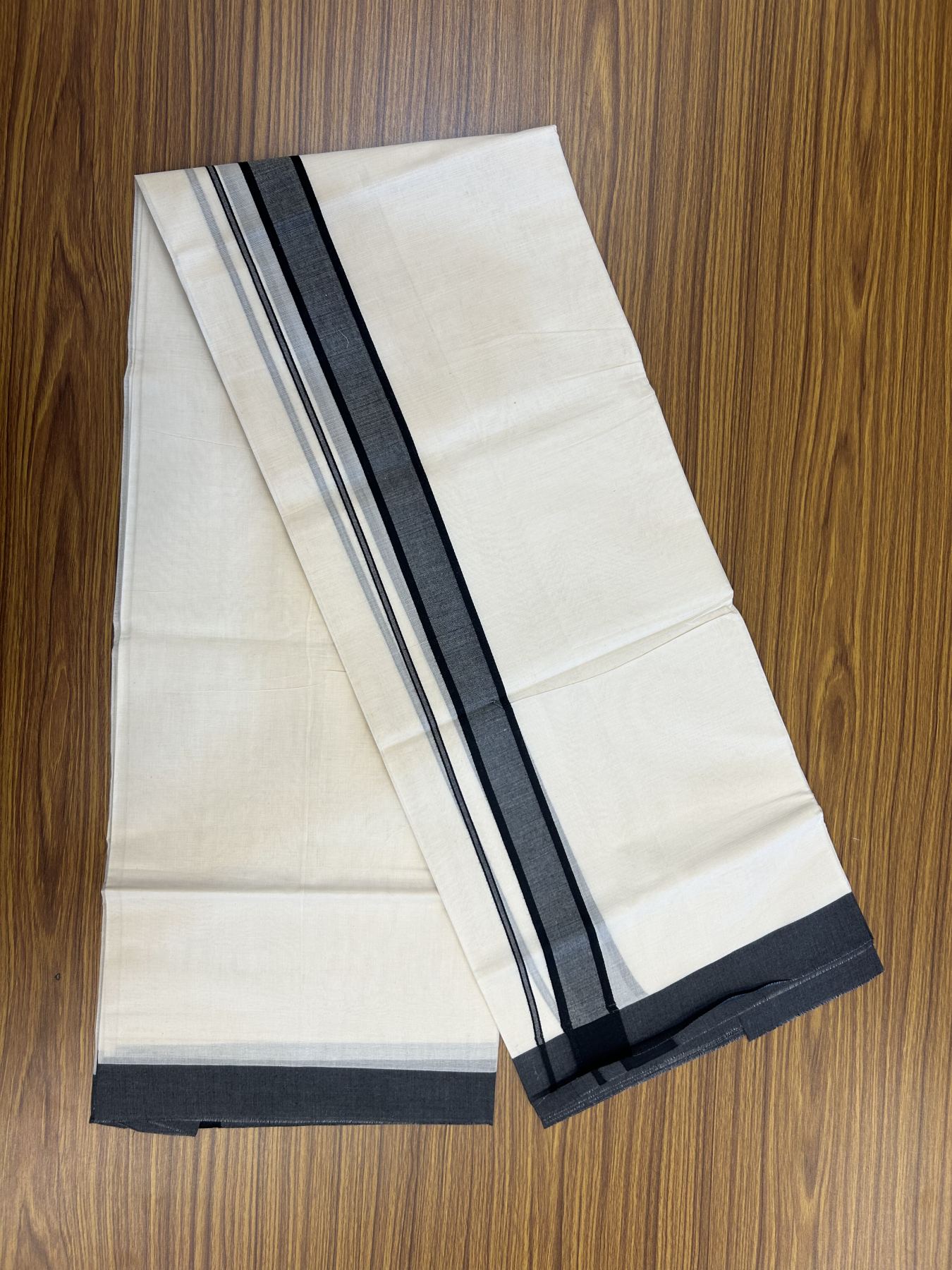 20% Discount! KaithariKada Balaramapuram 100% Cotton Double Off White Mundu/Dhoti- 100x80 - 1.5 inch Black shaded Kara 4 mtr (8.5 muzham) - 196 KK5361 PMC
