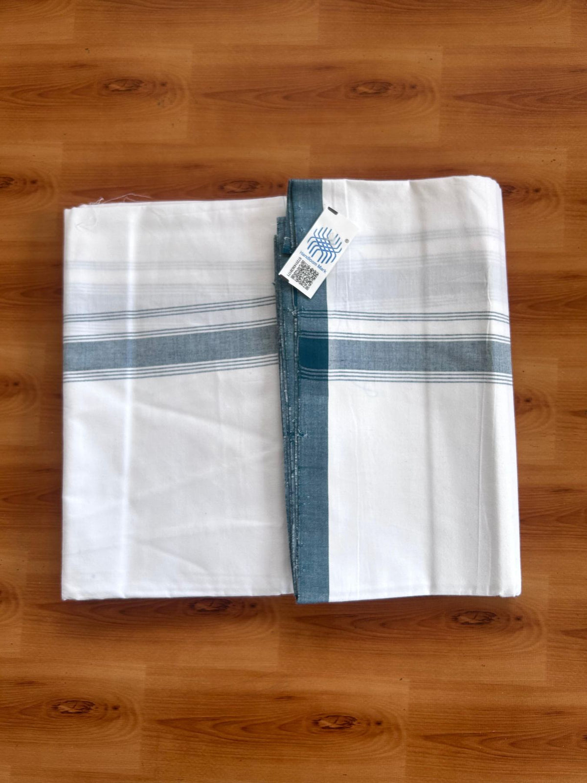 Kerala Handloom - Signature Kaitharikada - 100% Pure Cotton 2/80sx2/80s Thread - Light White Single Mundu / Dhoti - 1.25 inch Dark Teal Green Shaded Striped Kara - (2 meter / 4 muzham) - 22 KK8080 KAL