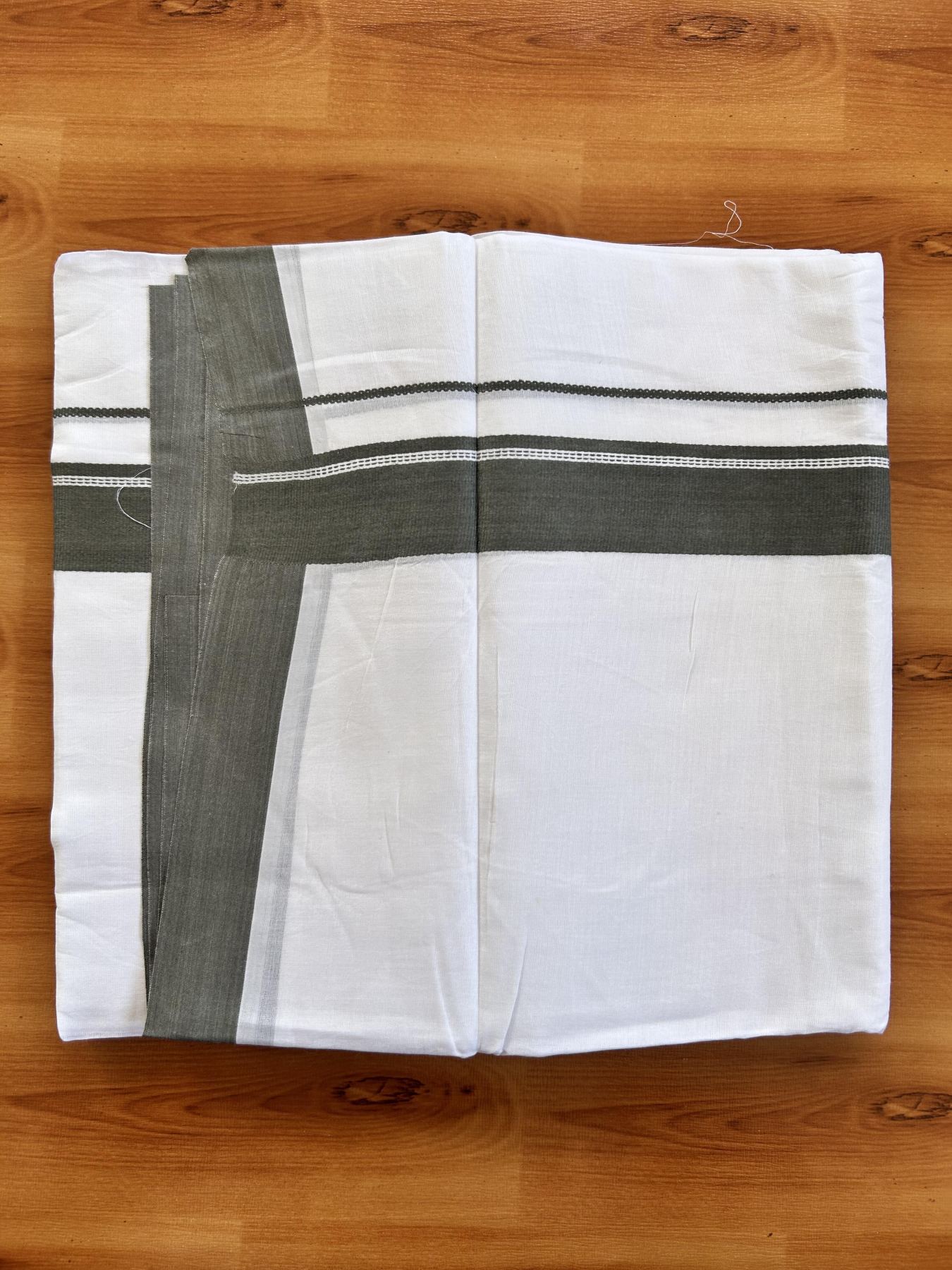 Double Pure White Mundu/Dhoti- 20% Discount ! Kaitharikada Balaramapuram 100% Pure Cotton - 100x80 - 1.25 inch Dark Ash Green Striped Kara 3.90 mtr (8 muzham) - 30 KK5444 VIN