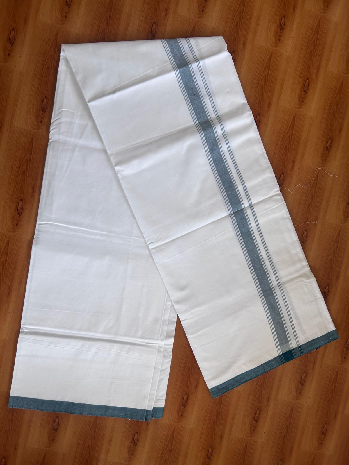 Kerala Handloom - Signature Kaitharikada - 100% Pure Cotton 2/80sx2/80s Thread - Light White Single Mundu / Dhoti - 1.25 inch Dark Teal Green Shaded Striped Kara - (2 meter / 4 muzham) - 22 KK8080 KAL