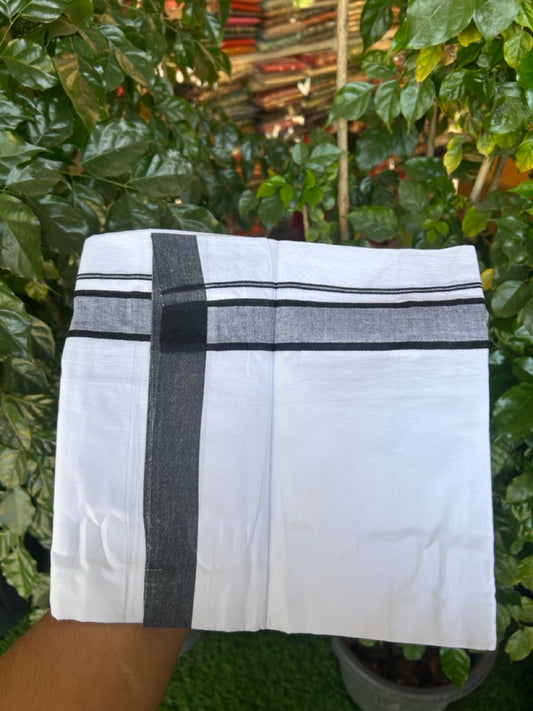 Single Pure white - Kaitharikada 100% Cotton 40s Thread Mundu / Dothi - 1.25 inch Black Shaded Kara (2 meters / 4 mulam) - 22 KK5298 SKM