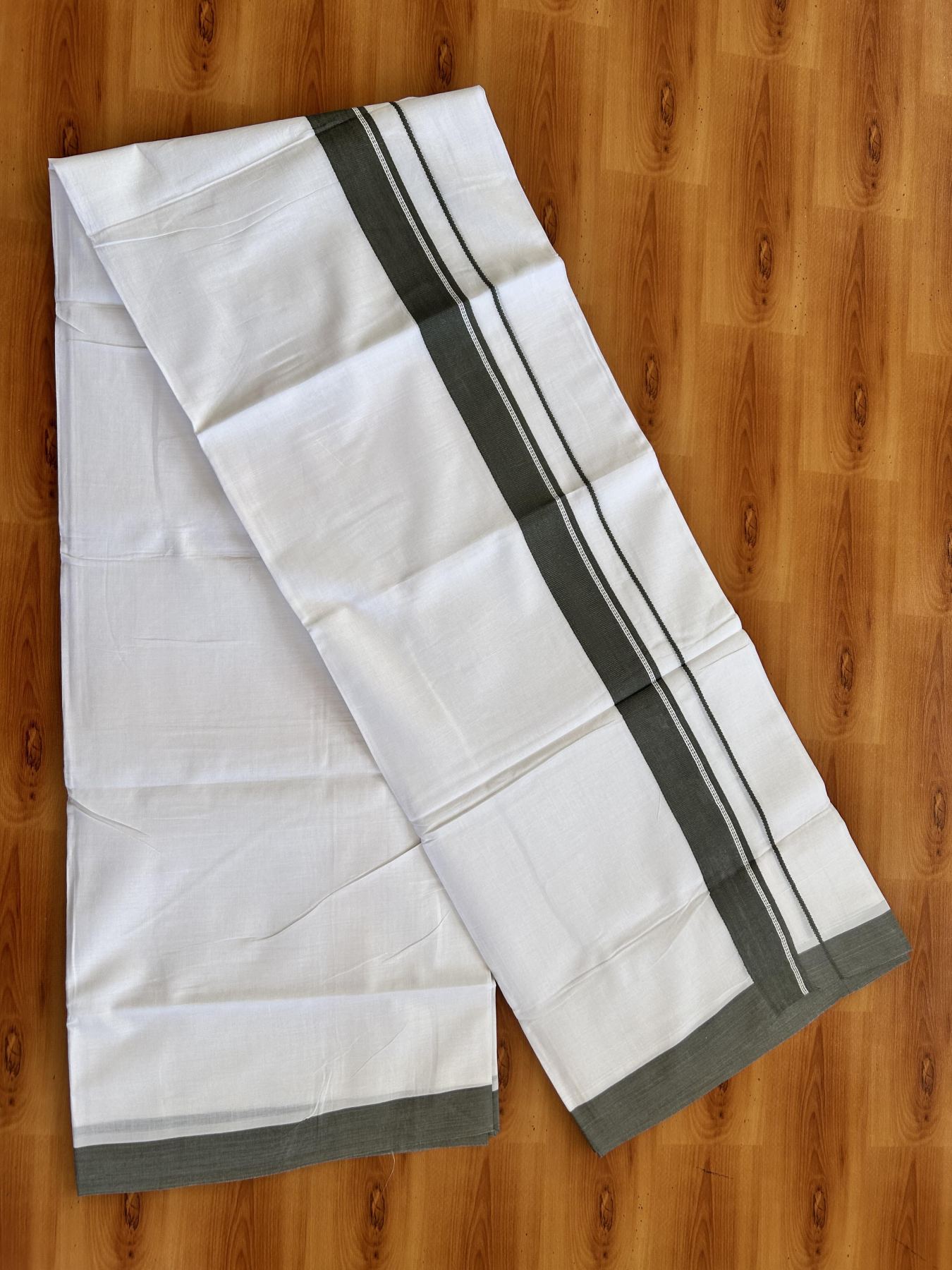 Double Pure White Mundu/Dhoti- 20% Discount ! Kaitharikada Balaramapuram 100% Pure Cotton - 100x80 - 1.25 inch Dark Ash Green Striped Kara 3.90 mtr (8 muzham) - 30 KK5444 VIN