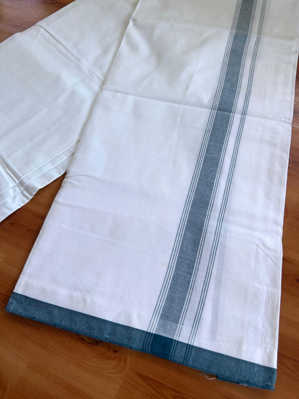 Kerala Handloom - Signature Kaitharikada - 100% Pure Cotton 2/80sx2/80s Thread - Light White Single Mundu / Dhoti - 1.25 inch Dark Teal Green Shaded Striped Kara - (2 meter / 4 muzham) - 22 KK8080 KAL