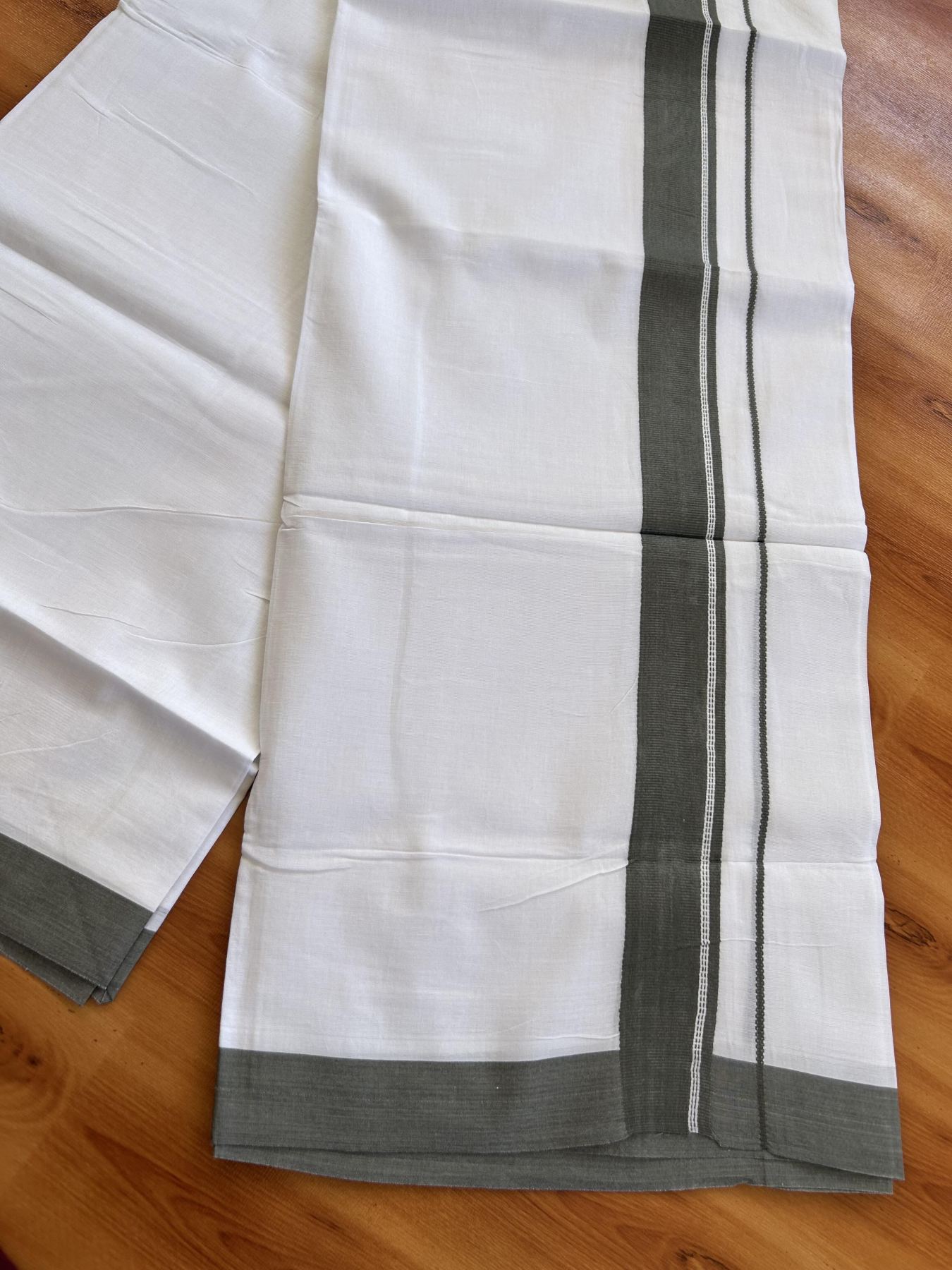 Double Pure White Mundu/Dhoti- 20% Discount ! Kaitharikada Balaramapuram 100% Pure Cotton - 100x80 - 1.25 inch Dark Ash Green Striped Kara 3.90 mtr (8 muzham) - 30 KK5444 VIN