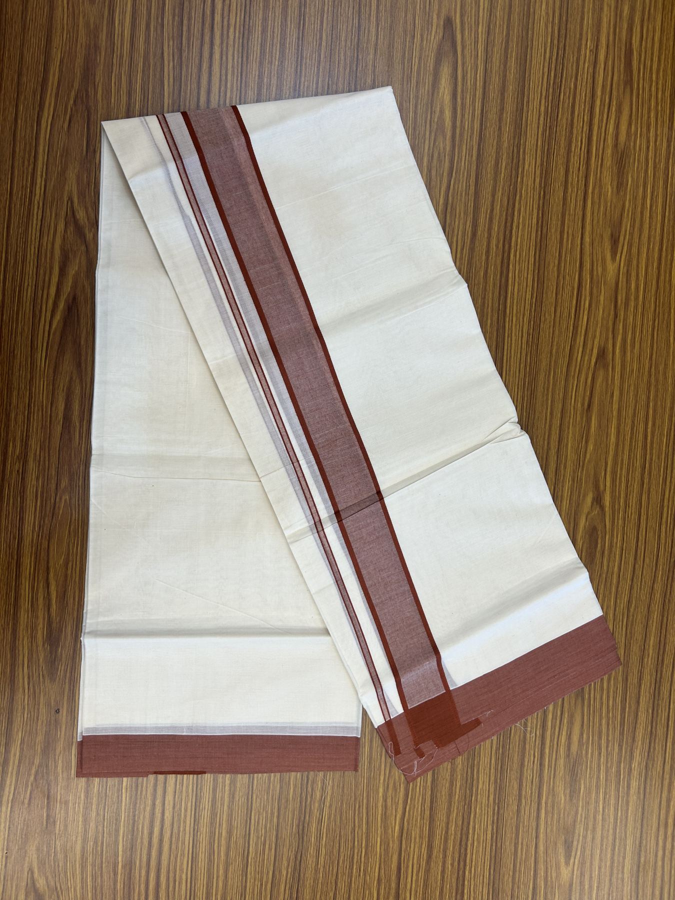20% Discount! KaithariKada Balaramapuram 100% Cotton Double Off White Mundu/Dhoti- 100x80 - 1.75 inch Burnt Red shaded Kara 4 mtr (8.5 muzham) - 193 KK5361 PMC