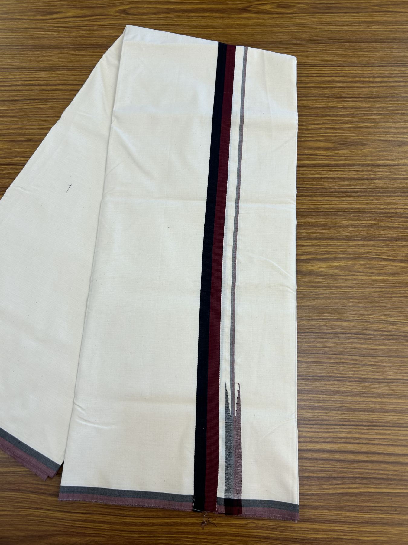 Dmk Veshti - 20% Discount !! KaithariKada Balaramapuram 100% Cotton Single Off White - (Unbleached) Mundu/Dhoti-100X100 - 1 inch Puliyilakkara Maroon & Black Chutty Kara (2 meter / 4 muzham) - 10 KK5335 ASH