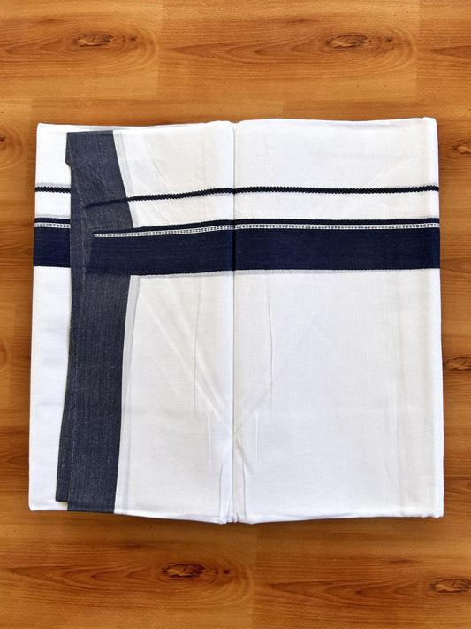 Double Pure White Mundu/Dhoti- 20% Discount ! Kaitharikada Balaramapuram 100% Pure Cotton - 100x80 - 1.25 inch Navy Blue Striped Kara 3.90 mtr (8 muzham) - 28 KK5444 VIN