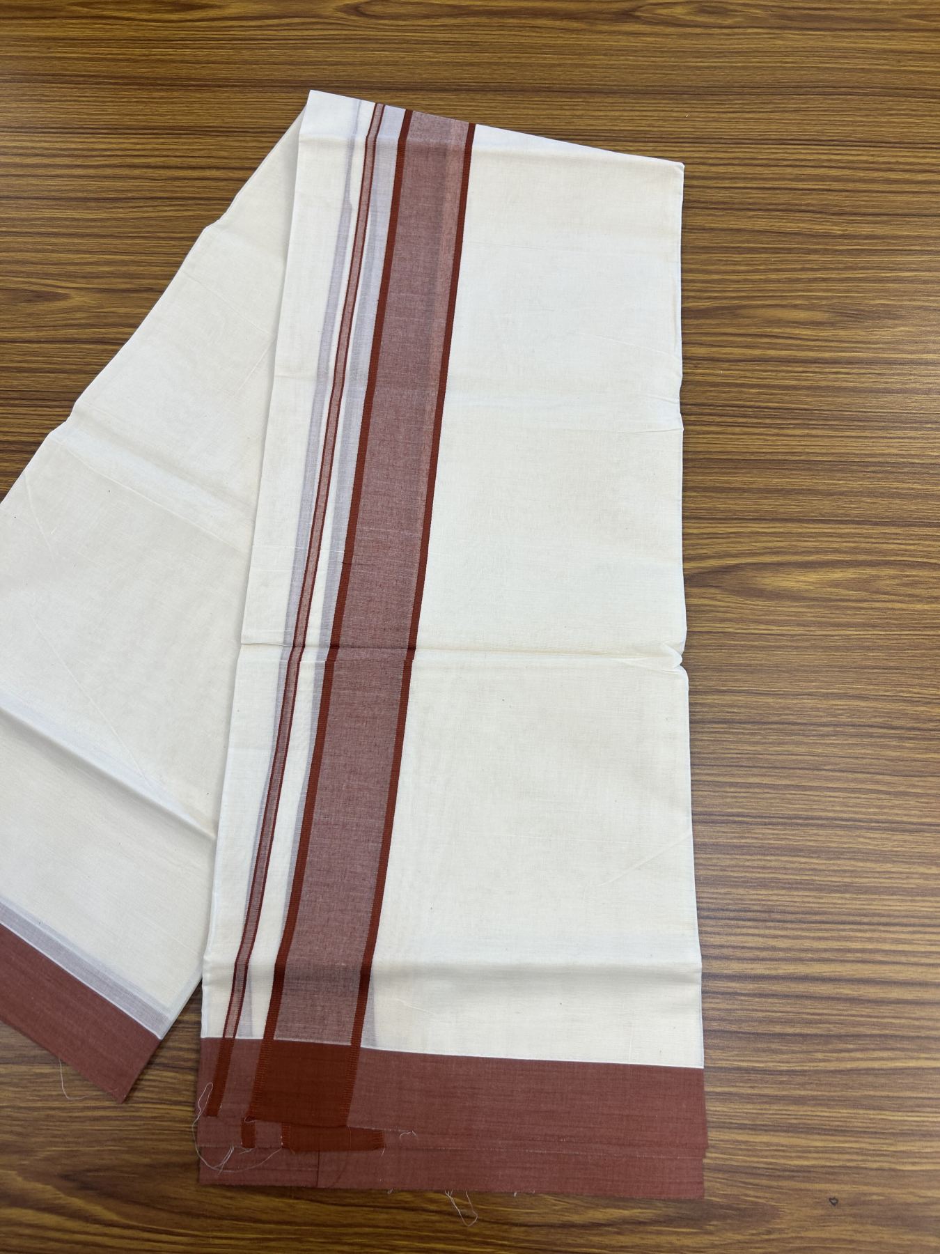 20% Discount! KaithariKada Balaramapuram 100% Cotton Double Off White Mundu/Dhoti- 100x80 - 1.75 inch Burnt Red shaded Kara 4 mtr (8.5 muzham) - 193 KK5361 PMC