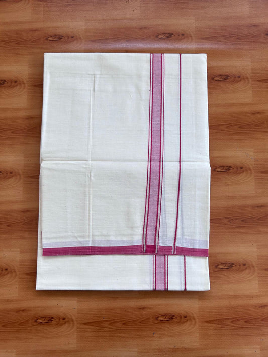 Single Off White - (Unbleached) Mundu/Dhoti - KaithariKada Balaramapuram Pure Cotton 70x30 - 0.75 inch Rose Pink & Silver Kasav Striped Kara (2 meter /4 muzham) - 37 KK5494 PMC
