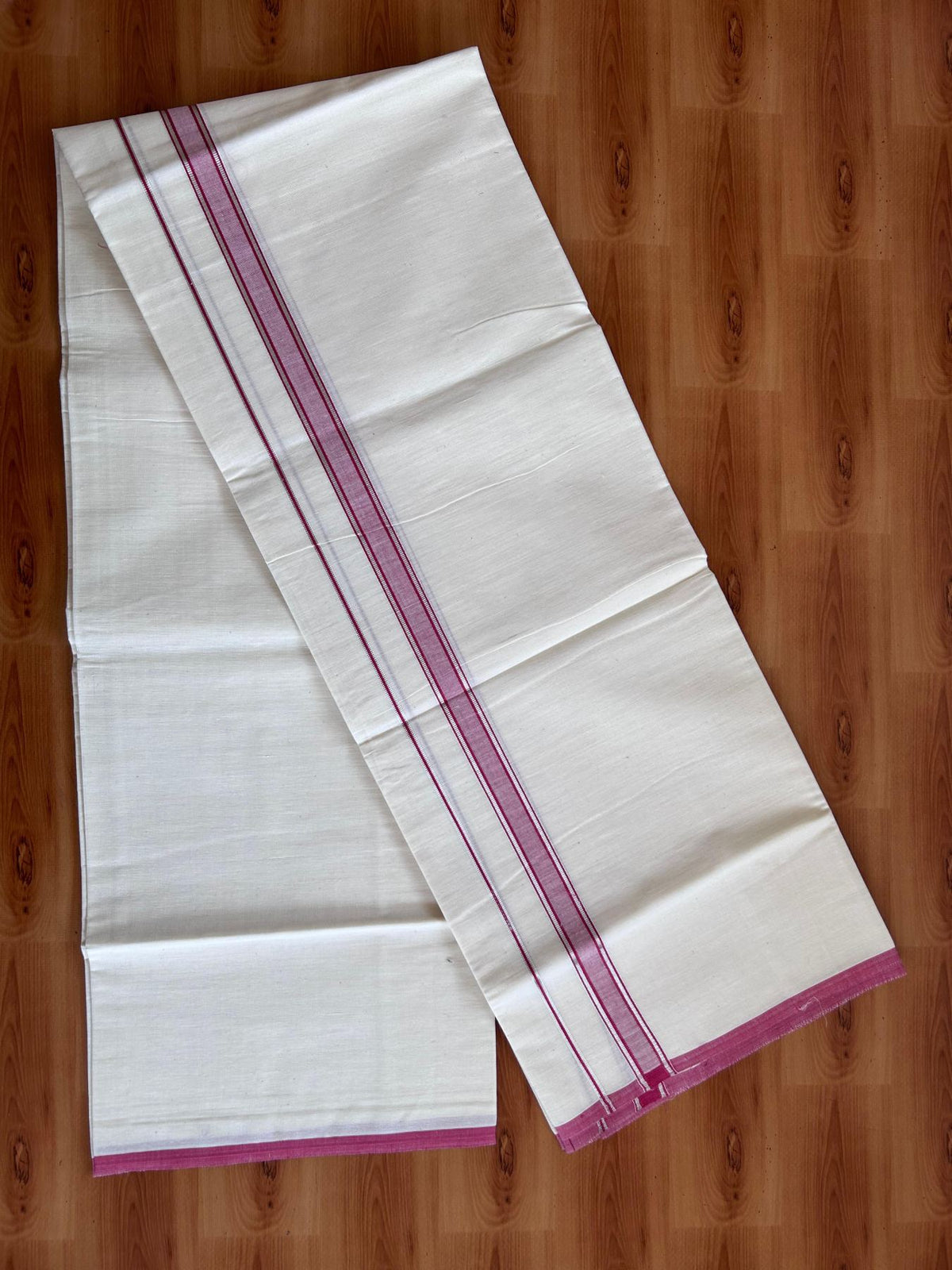 Single Off White - (Unbleached) Mundu/Dhoti - KaithariKada Balaramapuram Pure Cotton 70x30 - 0.75 inch Rose Pink & Silver Kasav Striped Kara (2 meter /4 muzham) - 37 KK5494 PMC