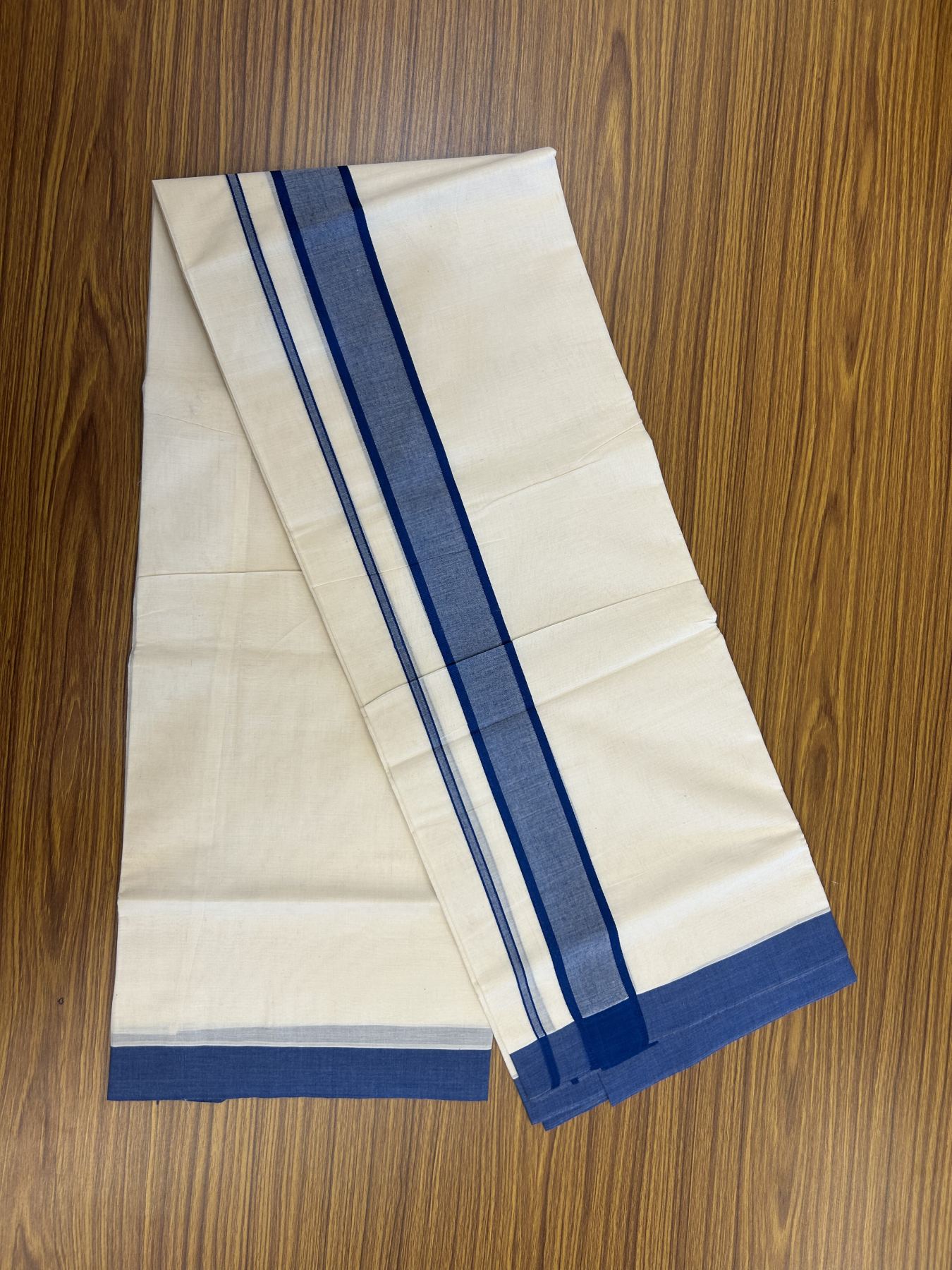 20% Discount! KaithariKada Balaramapuram 100% Cotton Double Off White Mundu/Dhoti- 100x80 - 1.75 inch Blue shaded Kara 4 mtr (8.5 muzham) - 191 KK5361 PMC