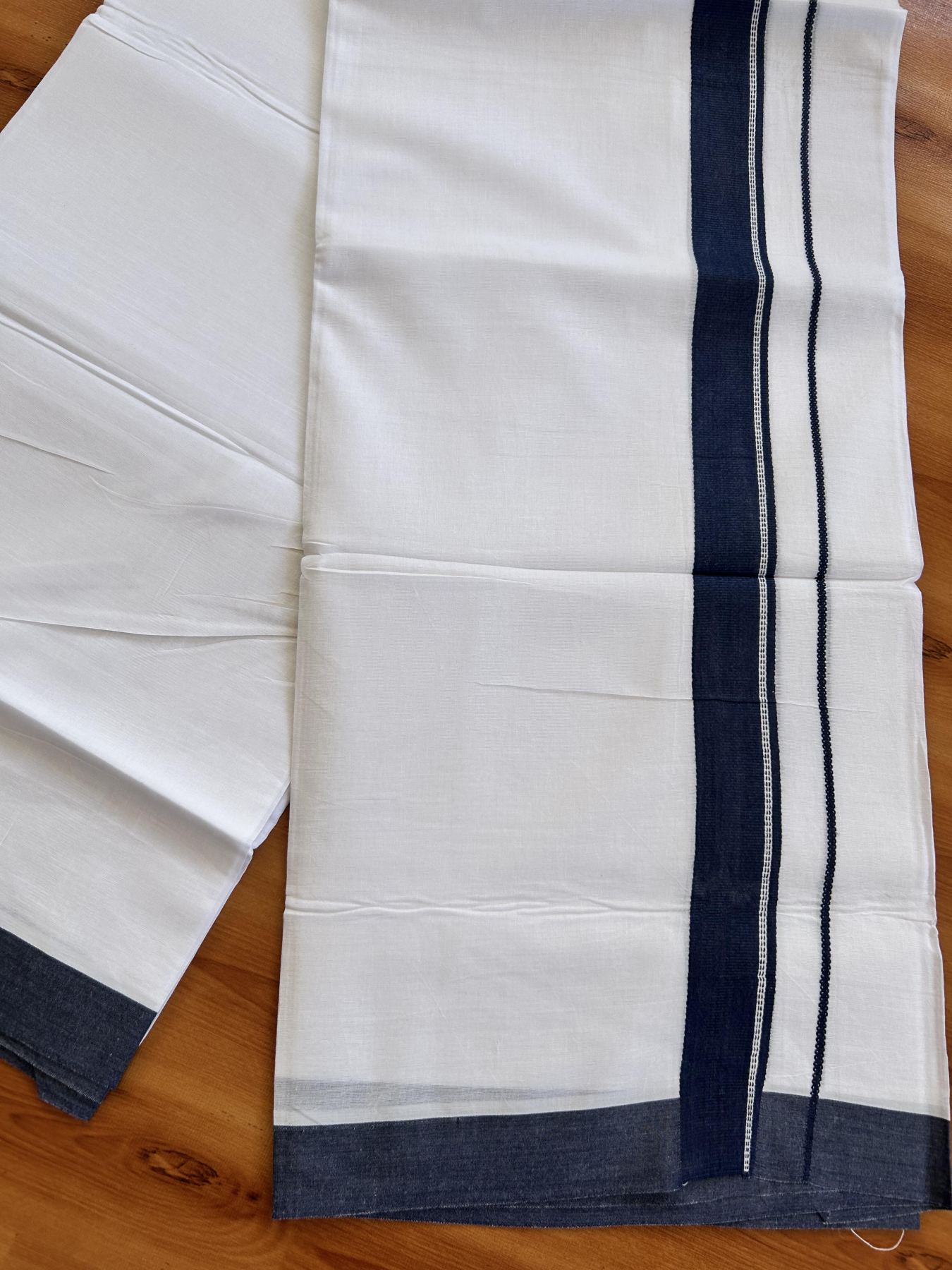 Double Pure White Mundu/Dhoti- 20% Discount ! Kaitharikada Balaramapuram 100% Pure Cotton - 100x80 - 1.25 inch Navy Blue Striped Kara 3.90 mtr (8 muzham) - 28 KK5444 VIN