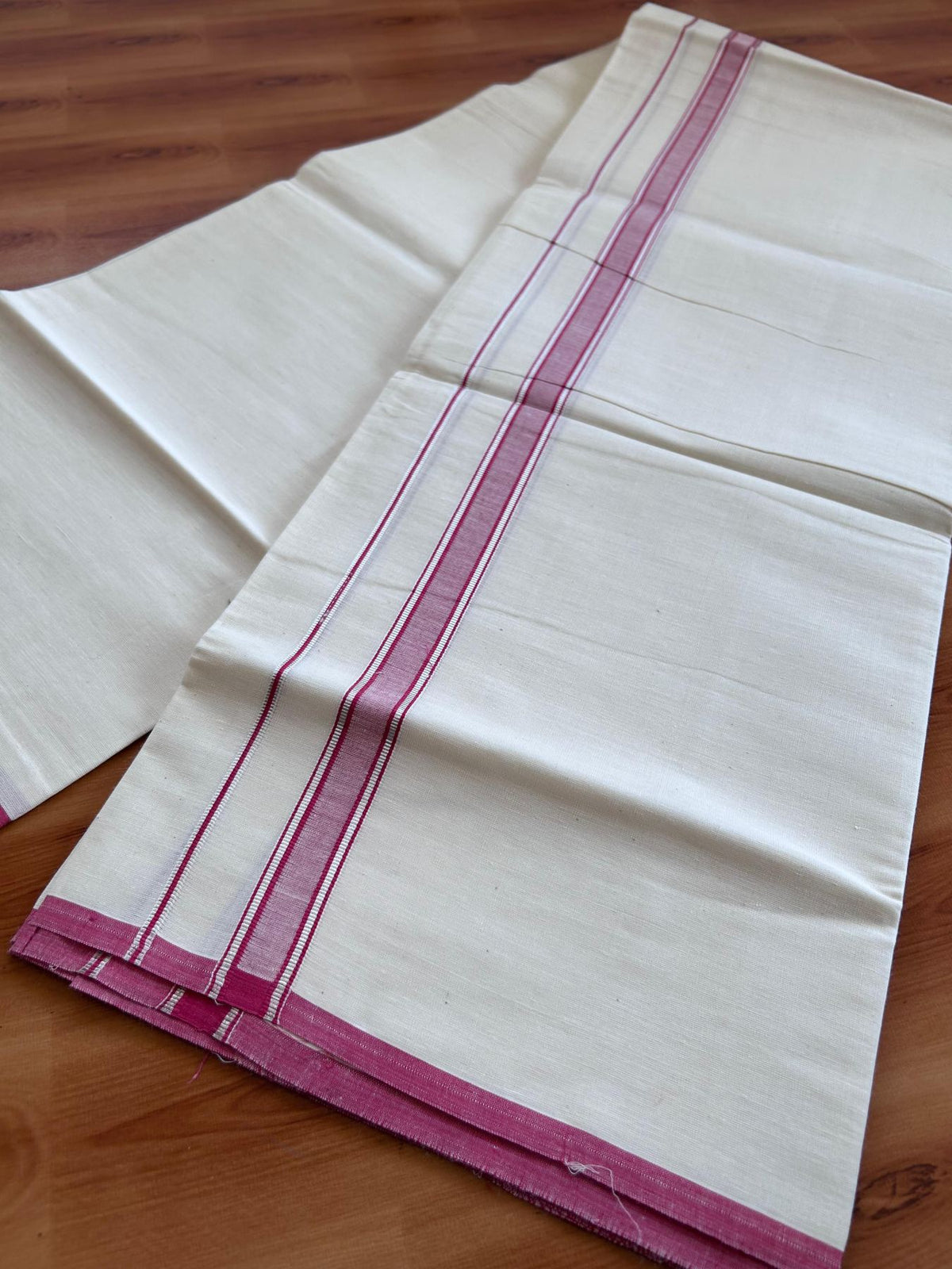 Single Off White - (Unbleached) Mundu/Dhoti - KaithariKada Balaramapuram Pure Cotton 70x30 - 0.75 inch Rose Pink & Silver Kasav Striped Kara (2 meter /4 muzham) - 37 KK5494 PMC