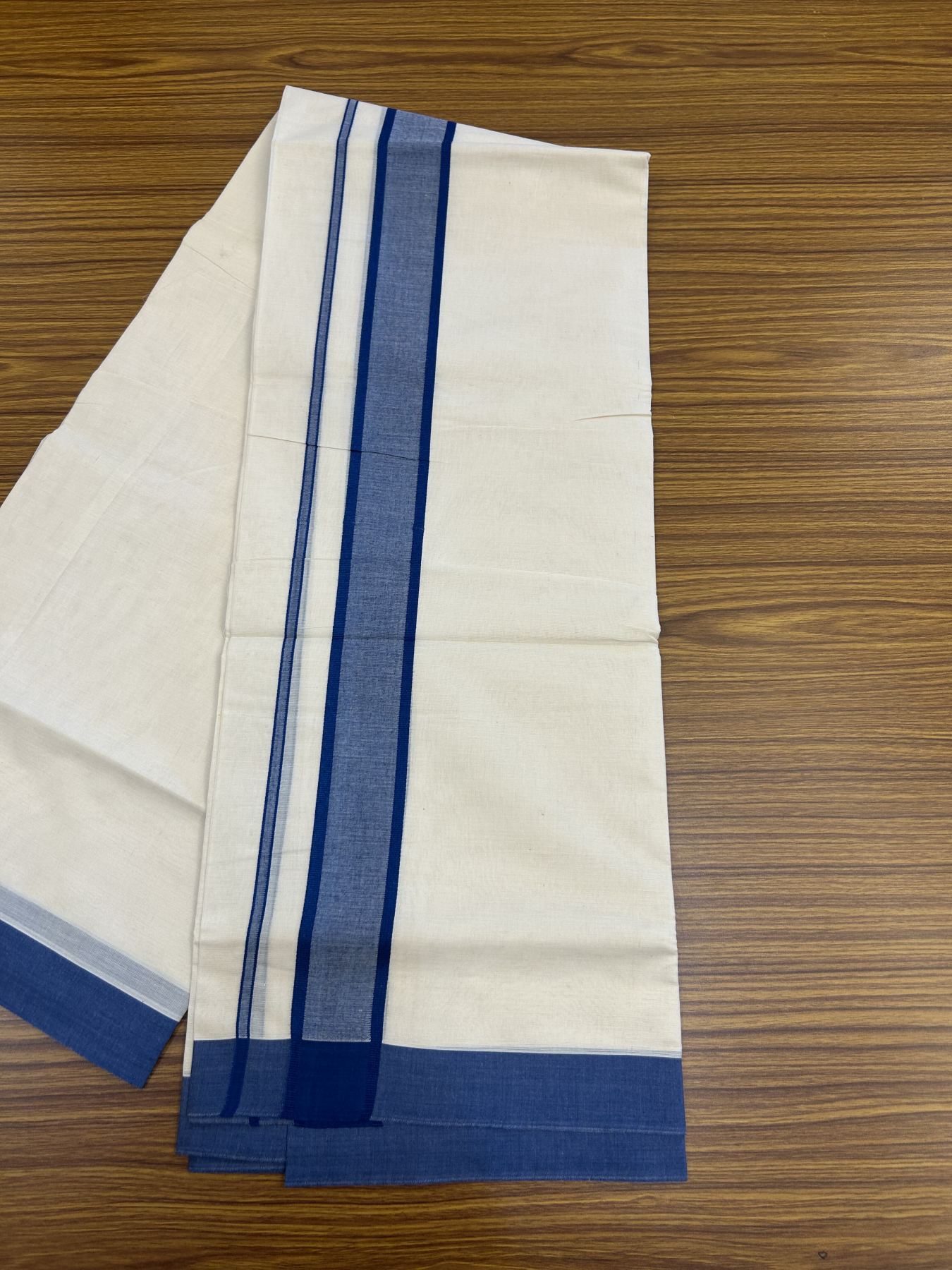 20% Discount! KaithariKada Balaramapuram 100% Cotton Double Off White Mundu/Dhoti- 100x80 - 1.75 inch Blue shaded Kara 4 mtr (8.5 muzham) - 191 KK5361 PMC